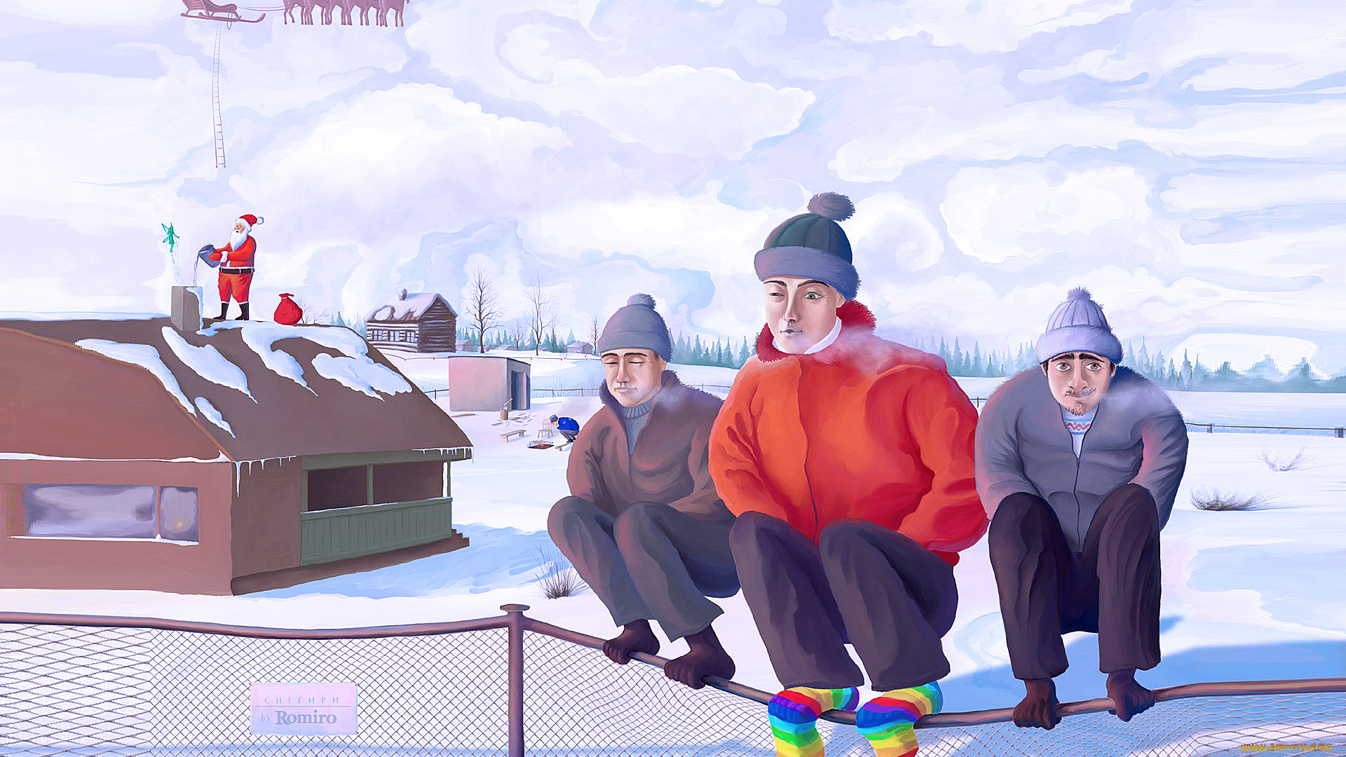 рисованное, люди, забор, мужики, дом, санта, клаус, снег