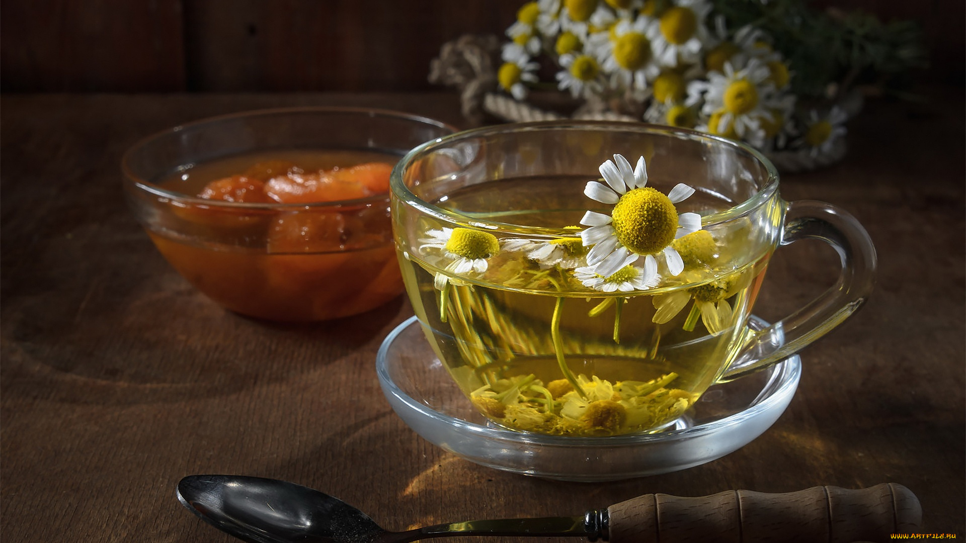 еда, напитки, , чай, стекло, свет, цветы, стол, чай, ромашки, ромашка, ложка