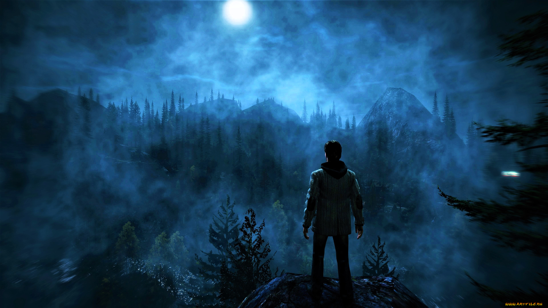 видео, игры, alan, wake, человек, лес, горы, туман