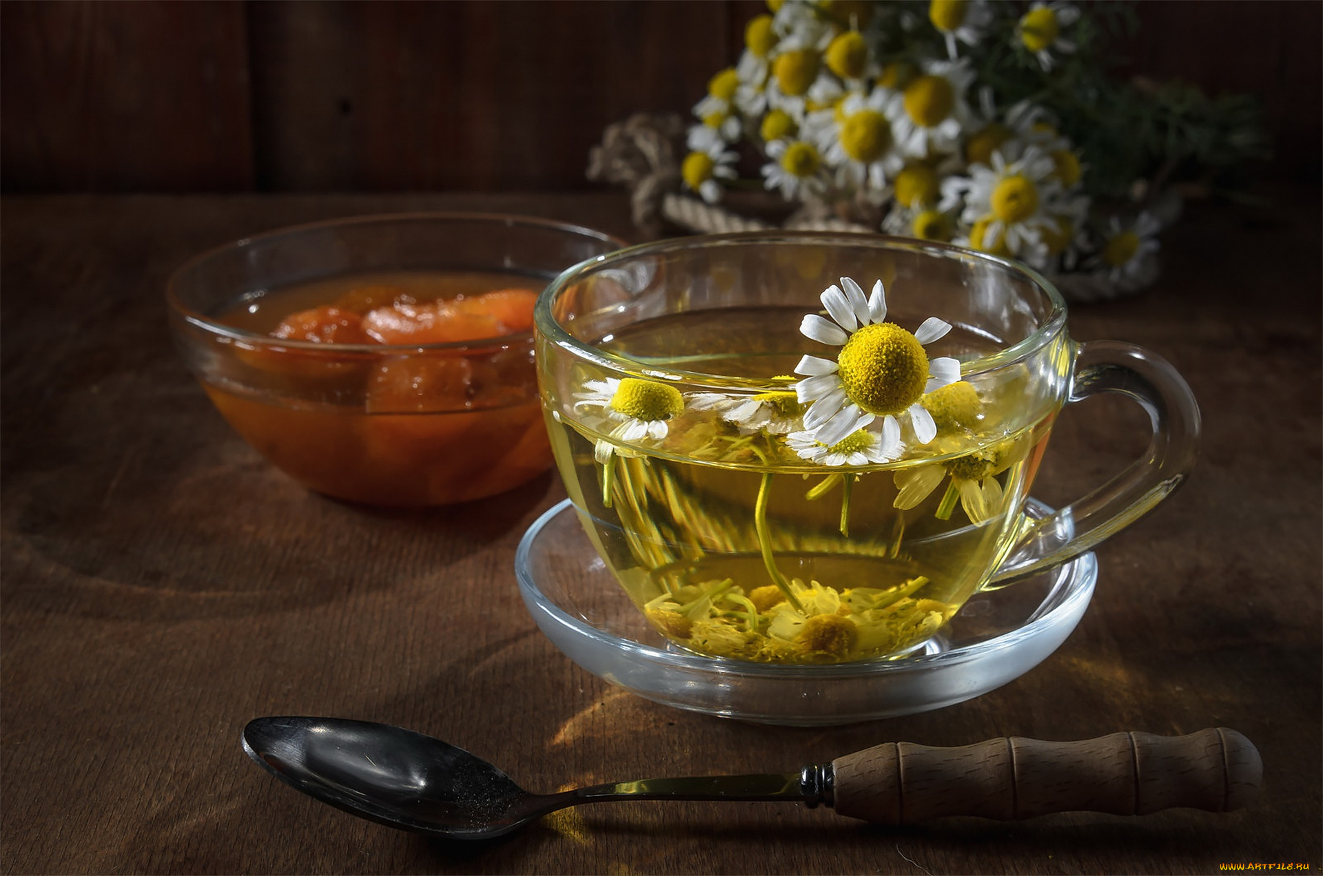 еда, напитки, , чай, стекло, свет, цветы, стол, чай, ромашки, ромашка, ложка