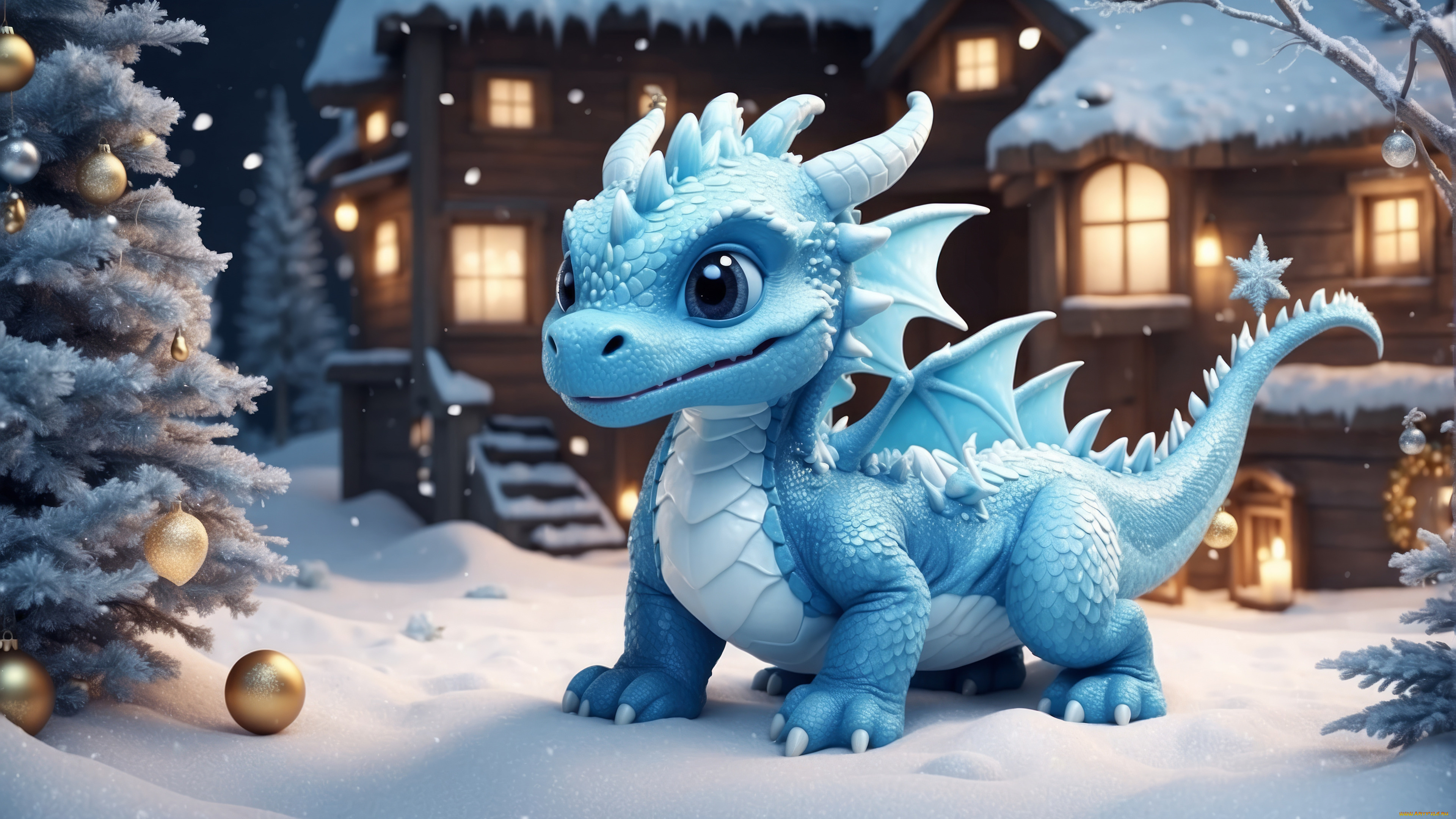 3д, графика, фантазия, , fantasy, зима, снег, природа, снежный, дракон, рождество, новый, год, дракончик