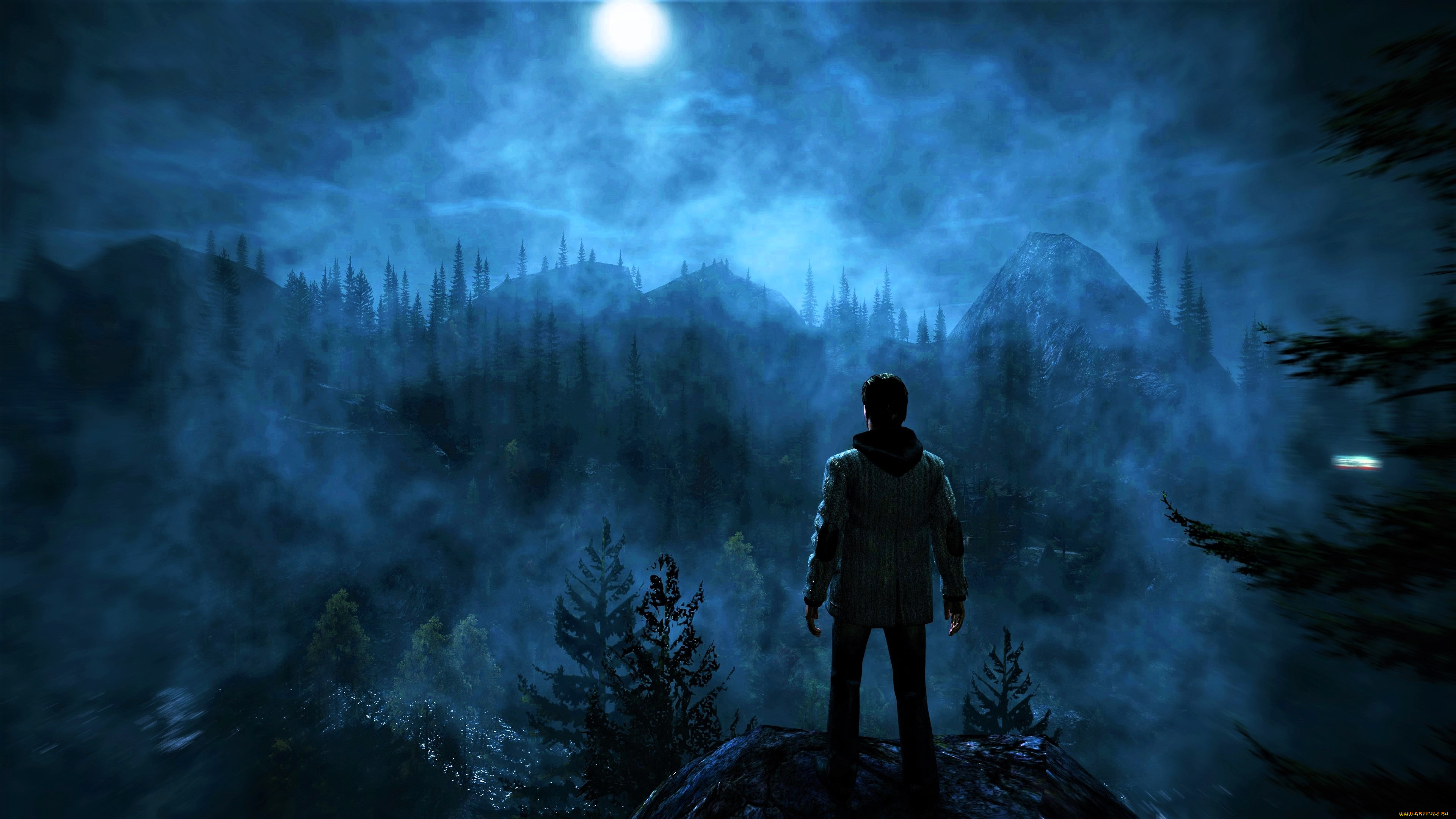 видео, игры, alan, wake, человек, лес, горы, туман