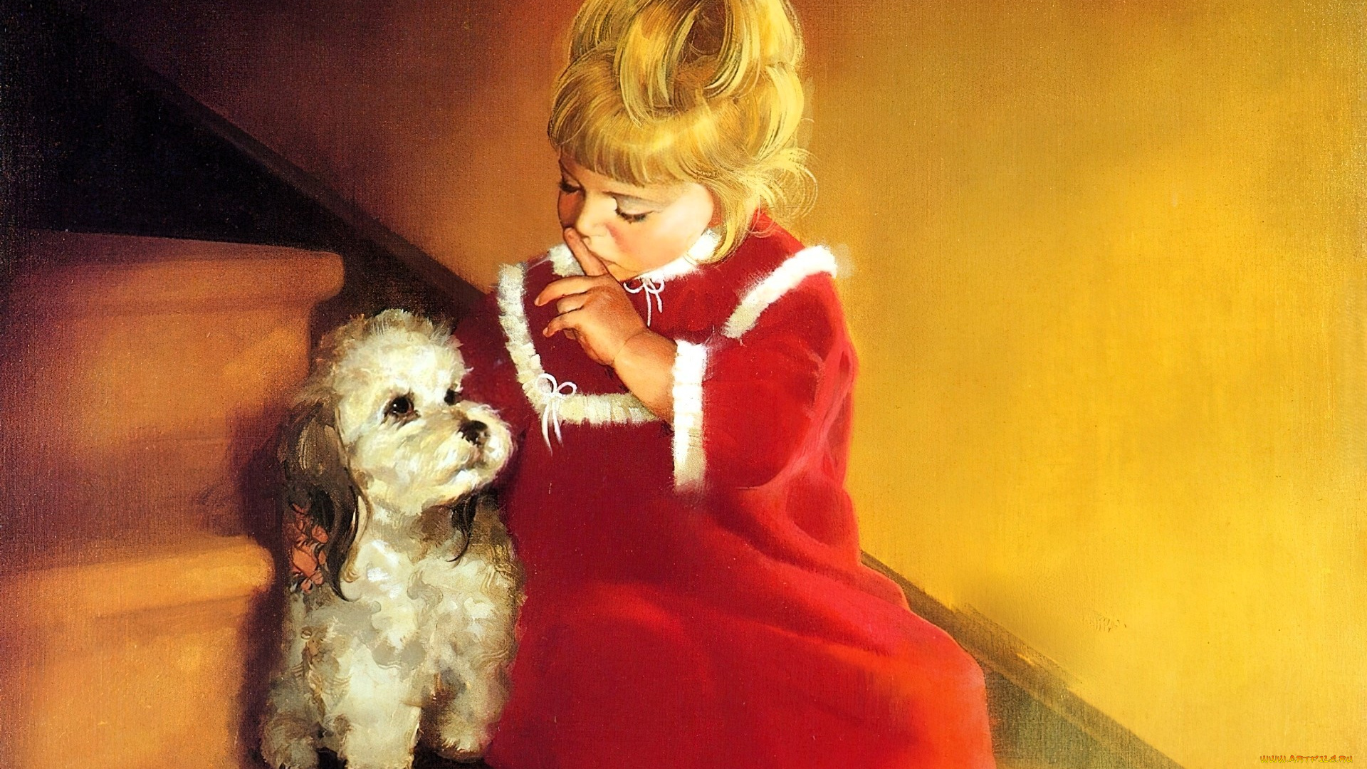 рисованное, donald, zolan, девочка, собака, лестница, ступени