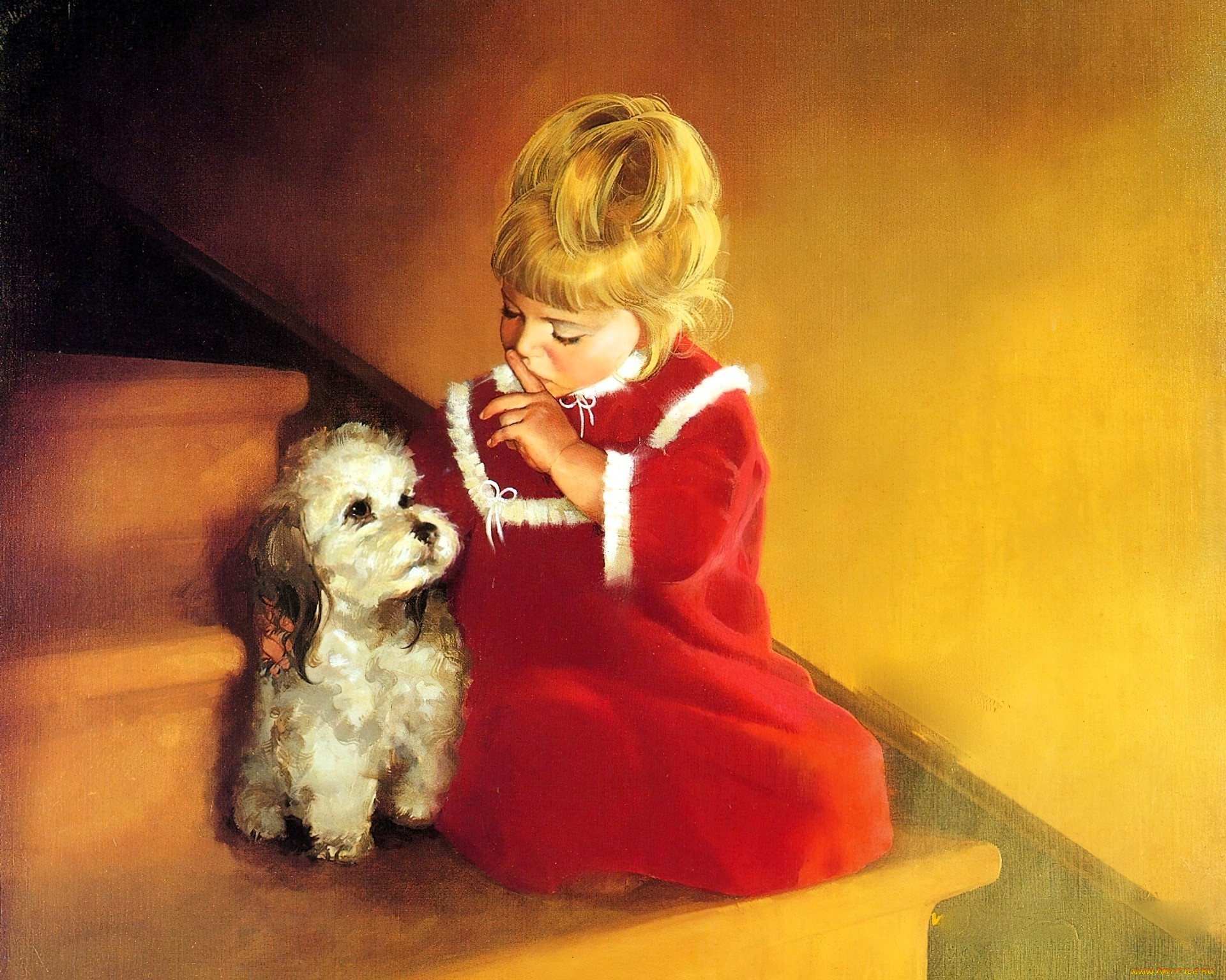 рисованное, donald, zolan, девочка, собака, лестница, ступени