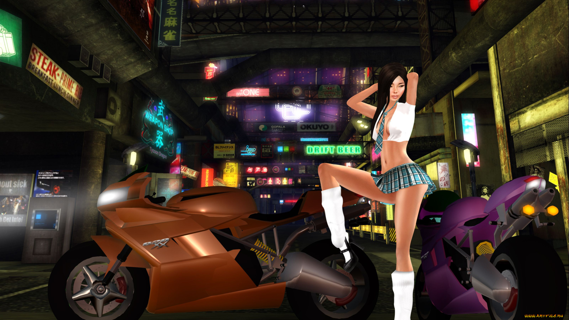 3д, графика, people, люди, мотоциклы, юбка, гольфы, галстук, девушка, брюнетка