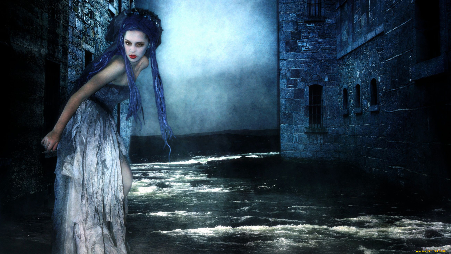 фэнтези, девушки, вода, ночь, прическа, платье