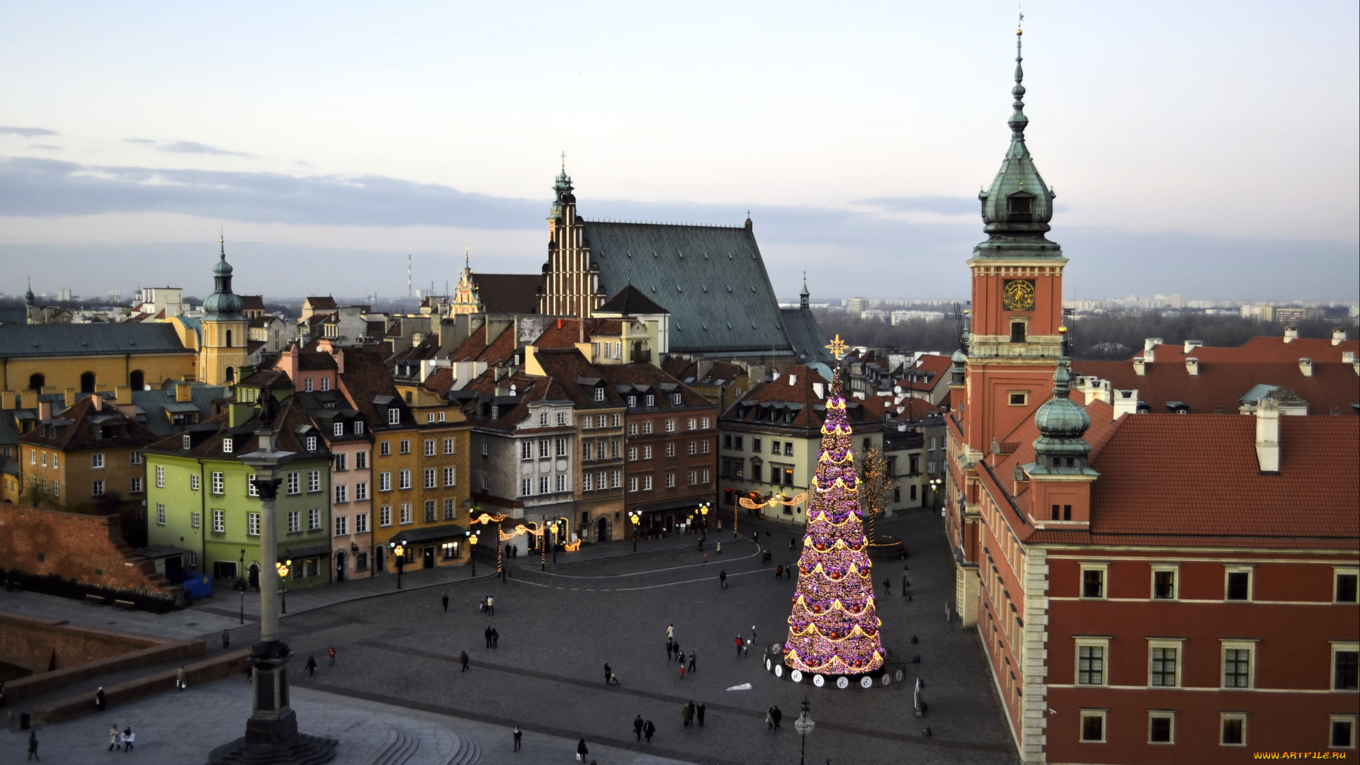 варшава, города, польша, площадь, елка, дома