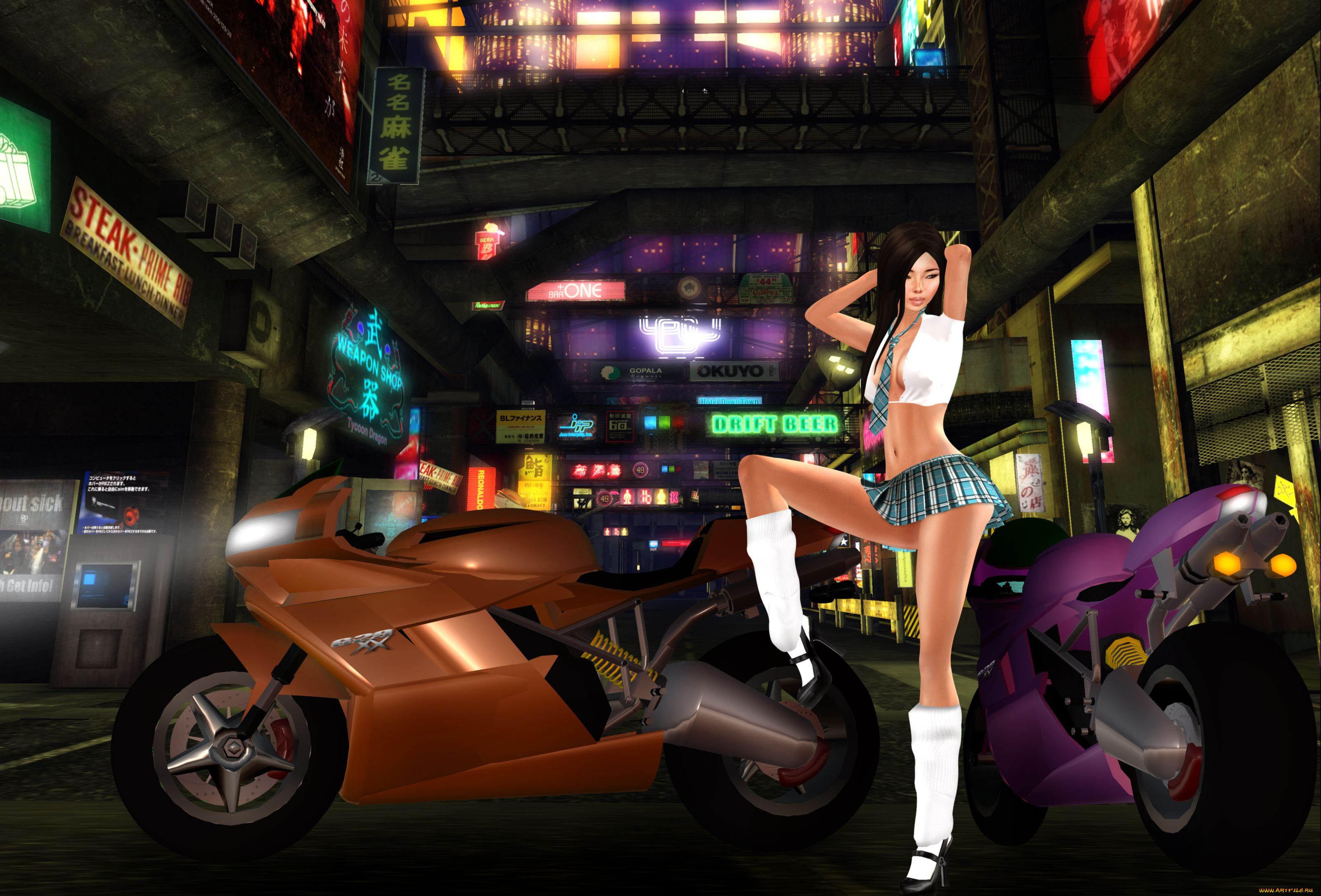 3д, графика, people, люди, мотоциклы, юбка, гольфы, галстук, девушка, брюнетка