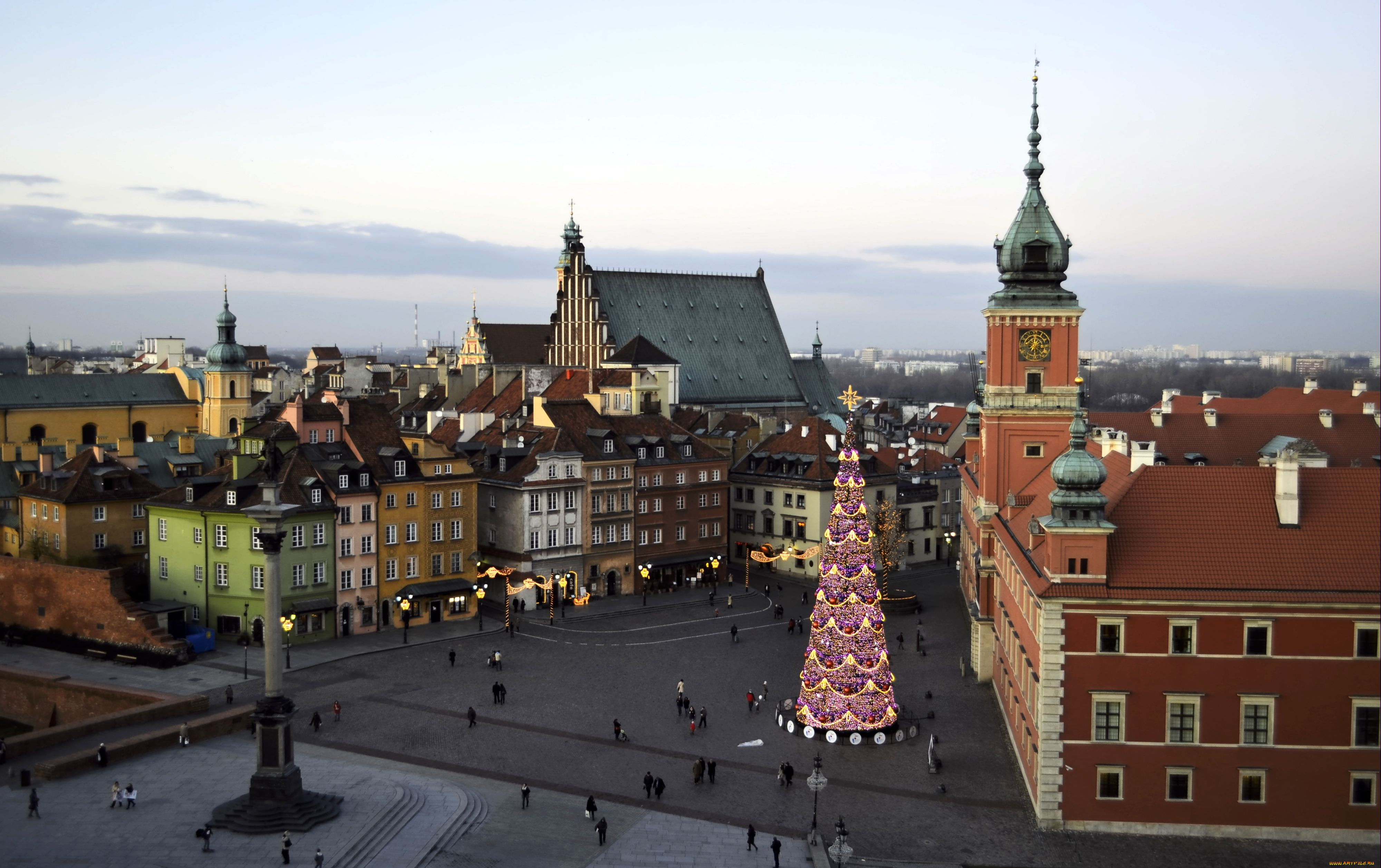 варшава, города, польша, площадь, елка, дома