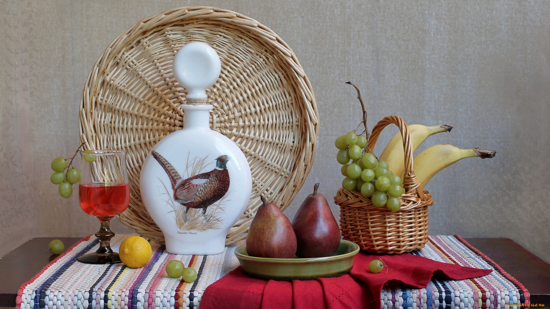 еда, натюрморт, вино, груши, виноград, бананы