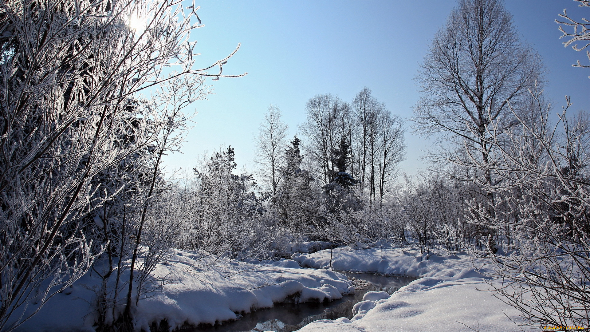 природа, зима, ручей, лес