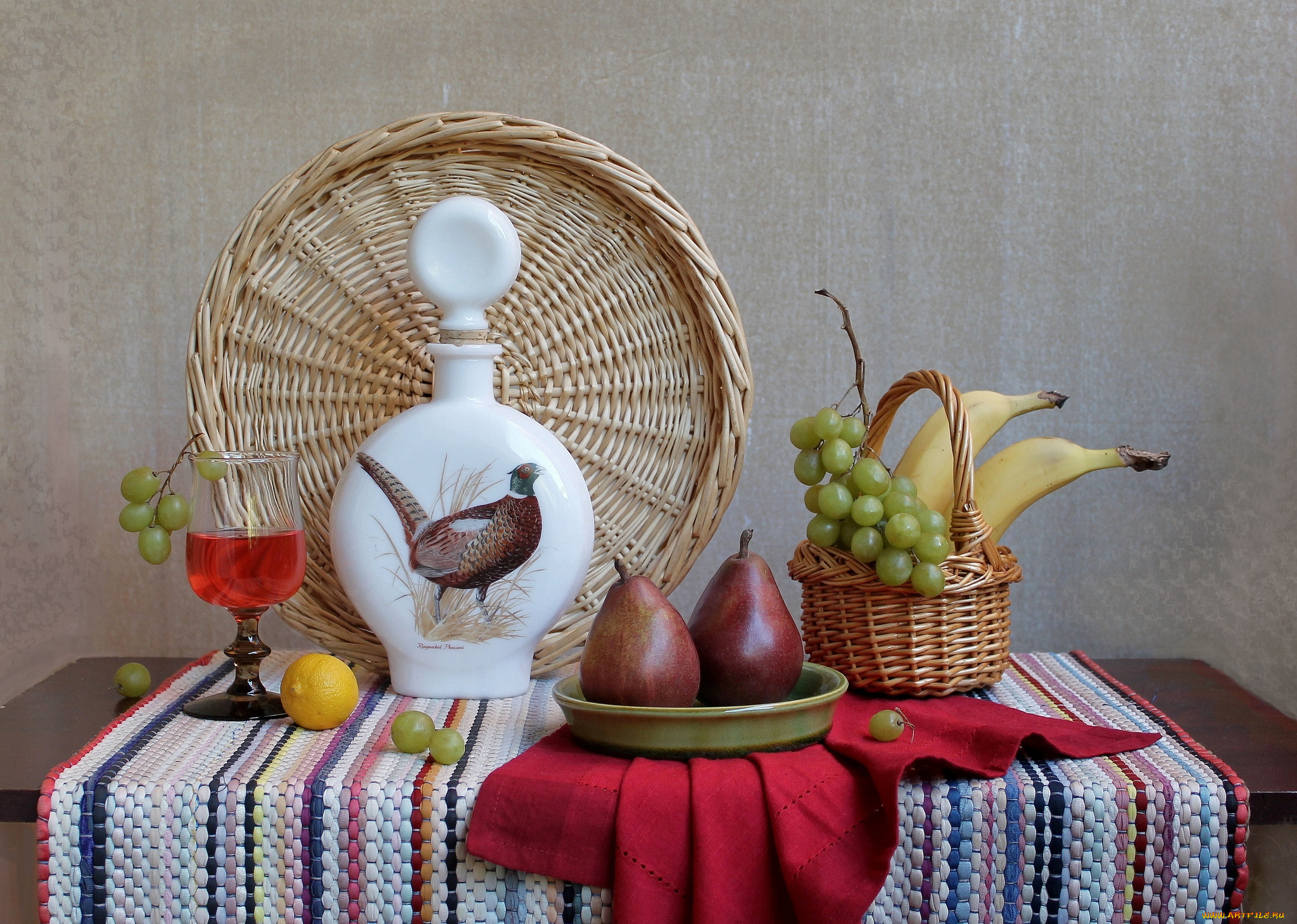 еда, натюрморт, вино, груши, виноград, бананы