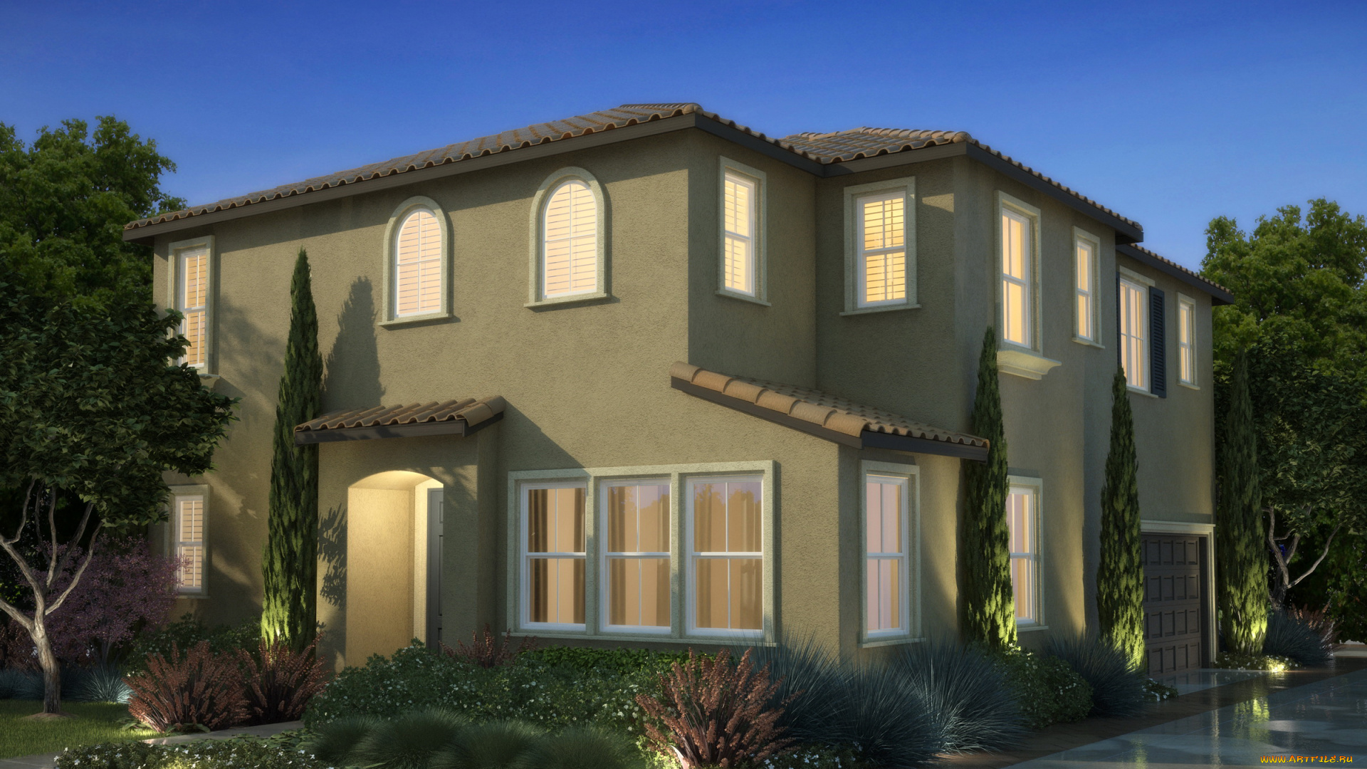 3д, графика, architecture, , архитектура, клумбы, ландшафт, дом, ночь, огни