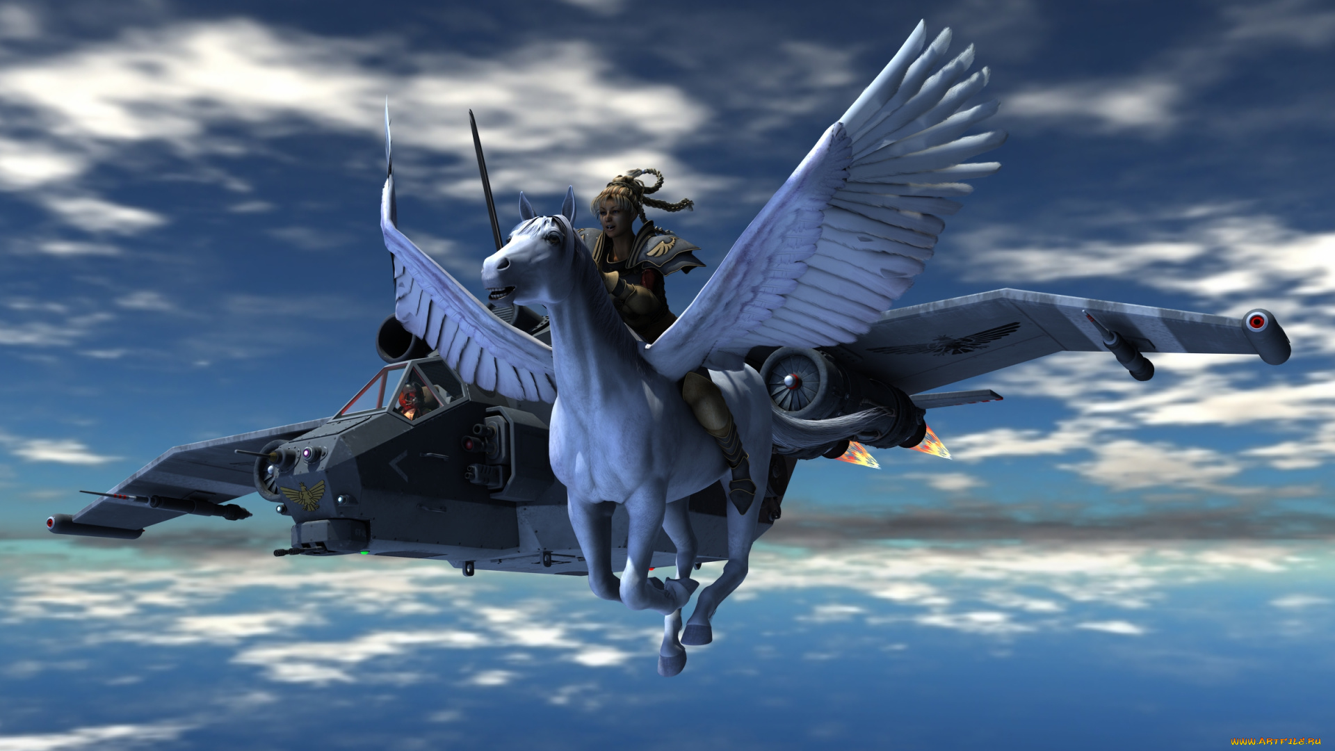 3д, графика, fantasy, , фантазия, пегас, самолет, девушка