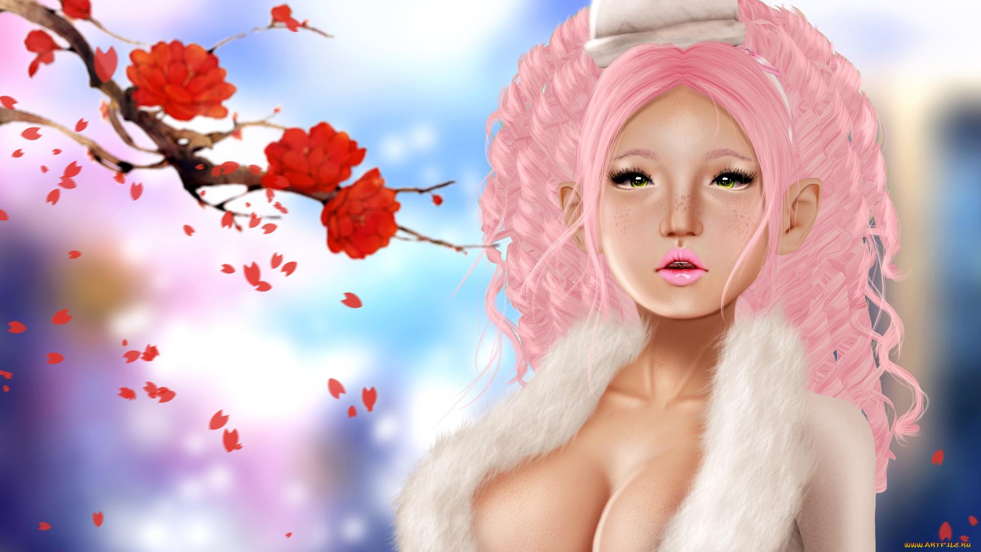 3д, графика, people, , люди, цветы, ветка, девушка