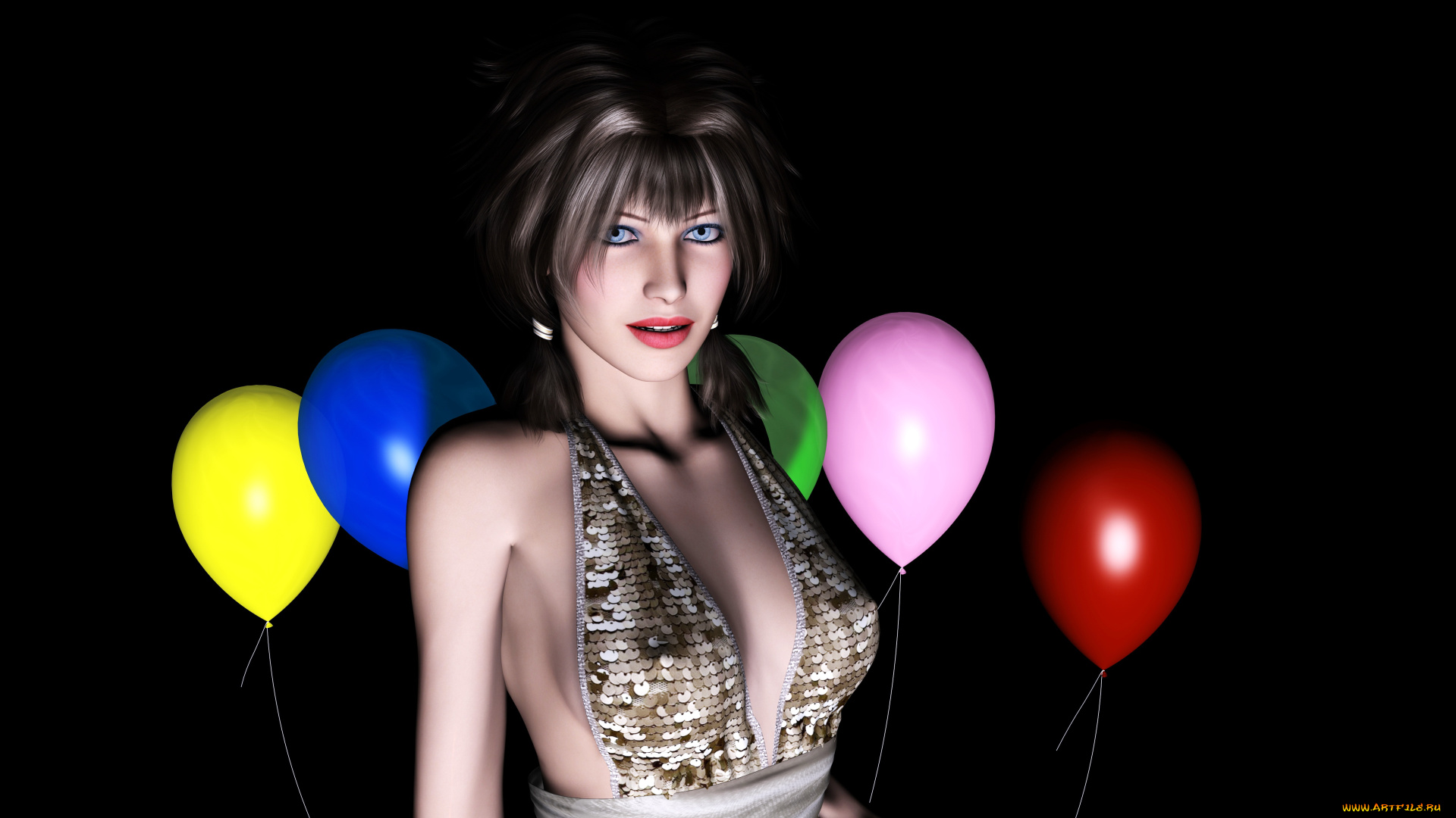 3д, графика, people, , люди, фон, шары, взгляд, девушка