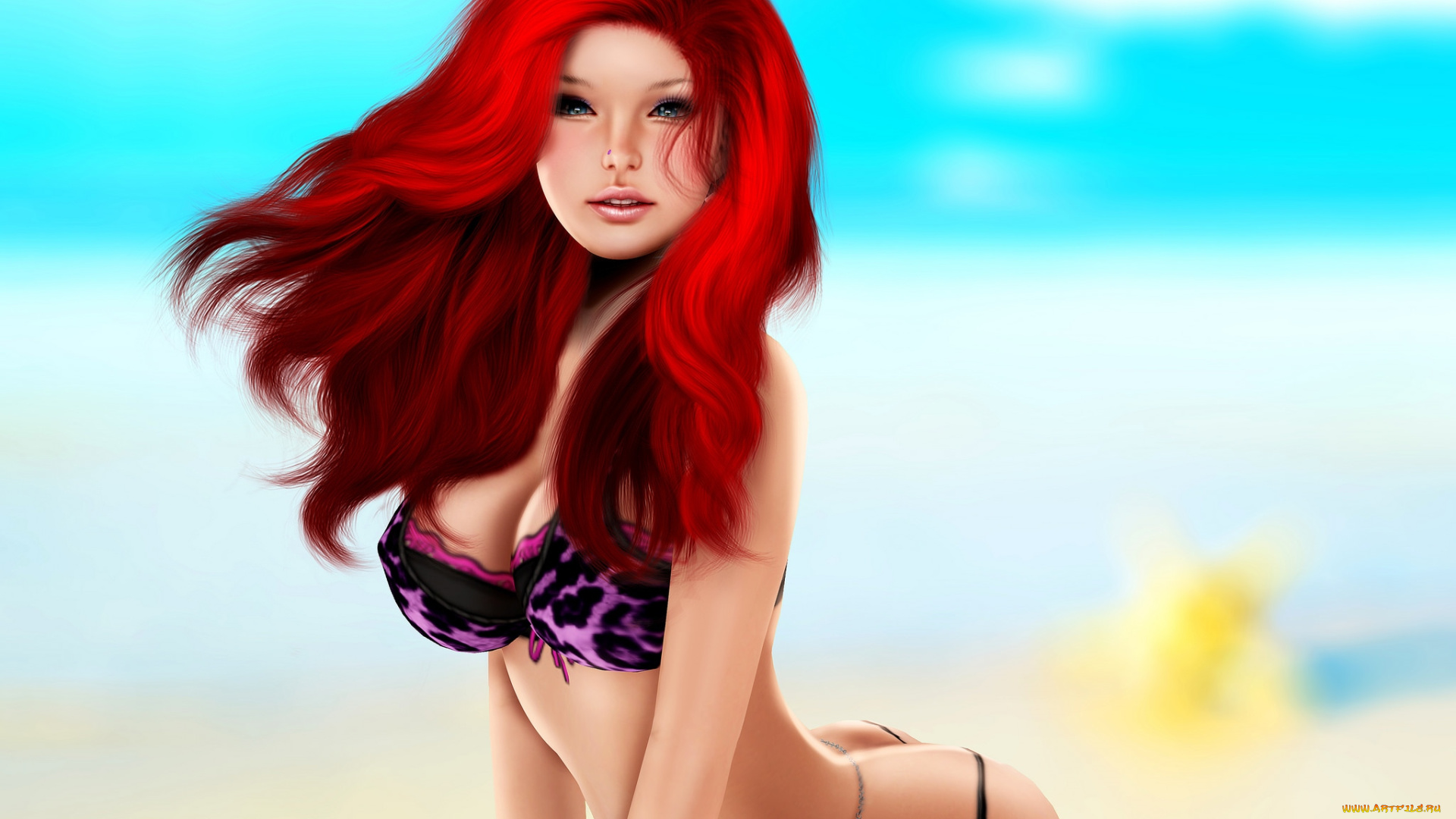 3д, графика, people, , люди, море, волосы