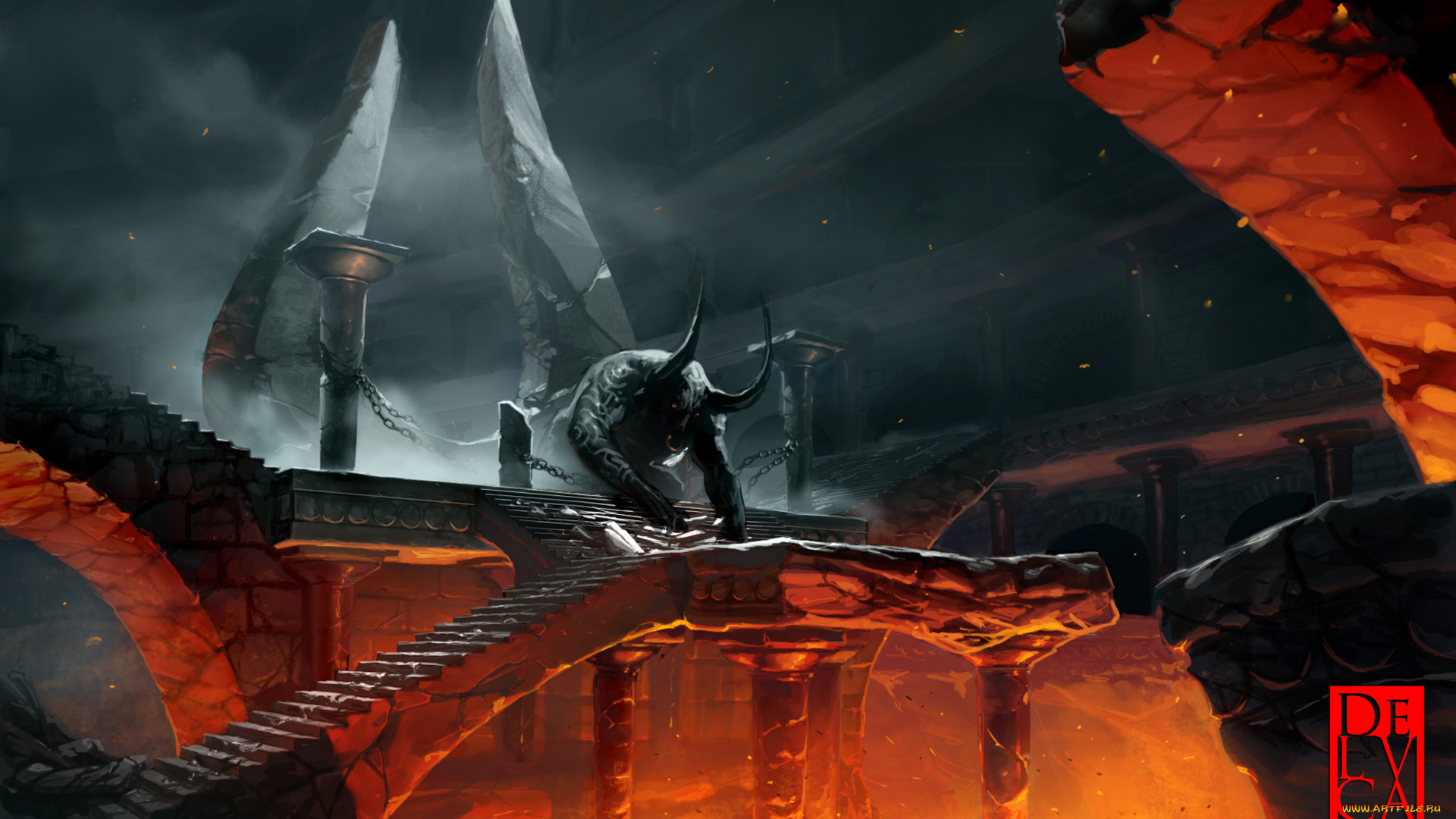 фэнтези, демоны, зал, огонь, адский, цепи, демон