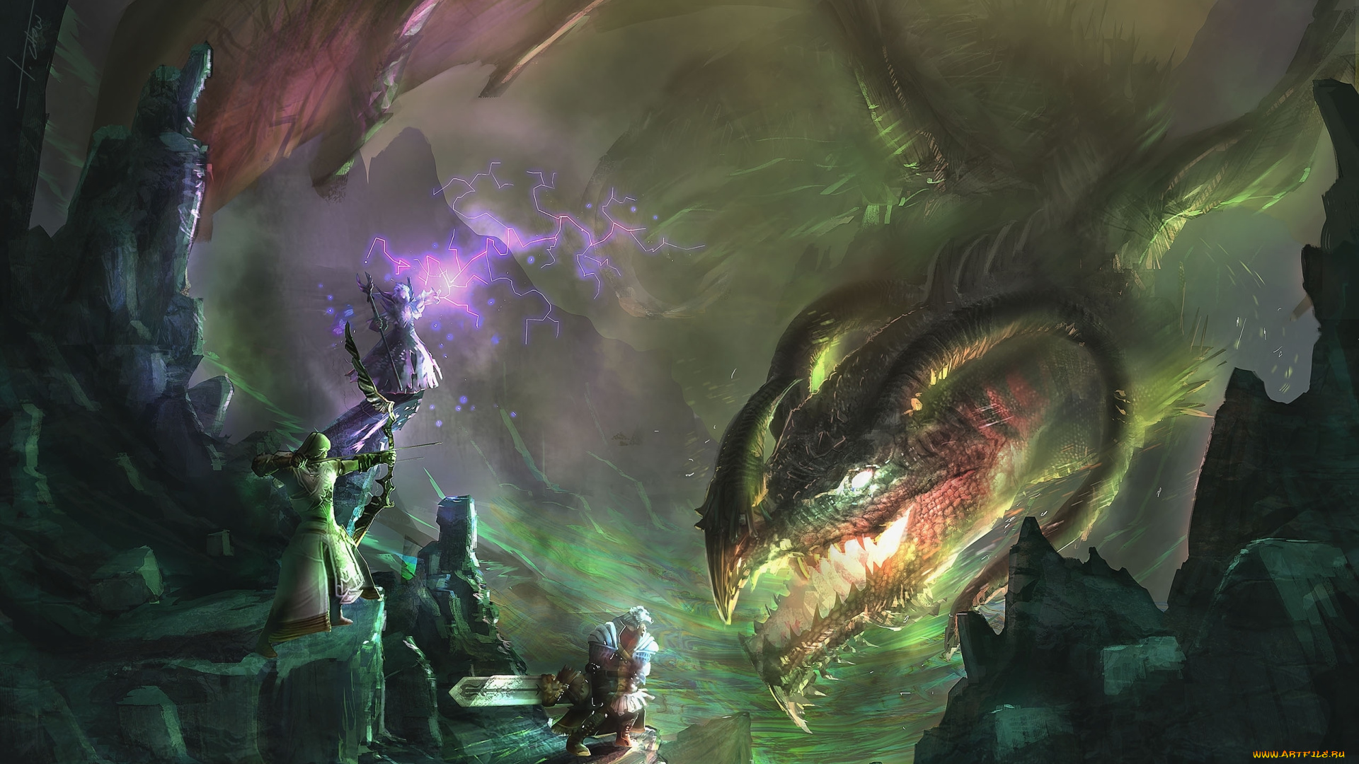 фэнтези, драконы, дракон, сражение, эльф, гном, маг, горы