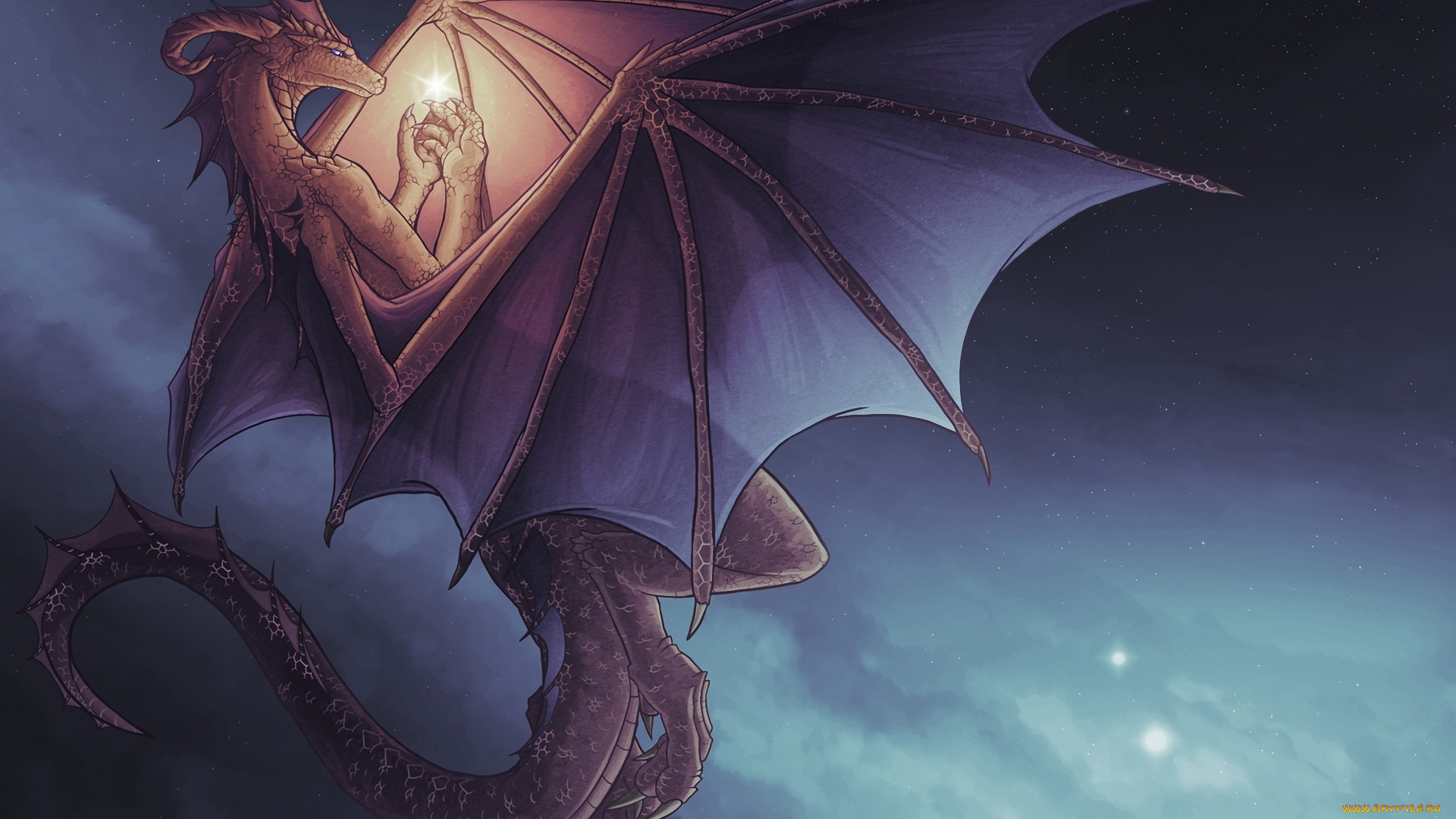 фэнтези, драконы, полет, огонек, небо, дракон