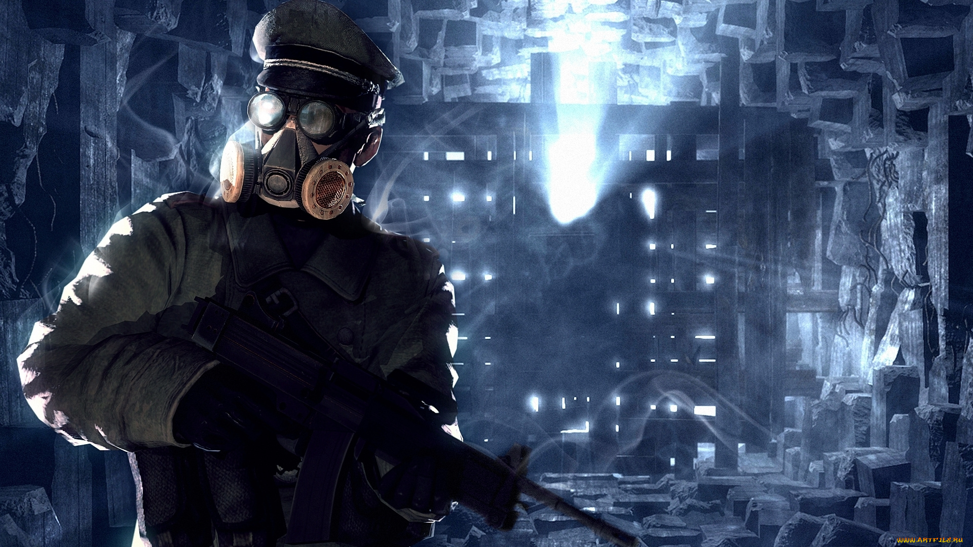 фэнтези, люди, иной, мир, солдат, респиратор, автомат, фуражка, туннель