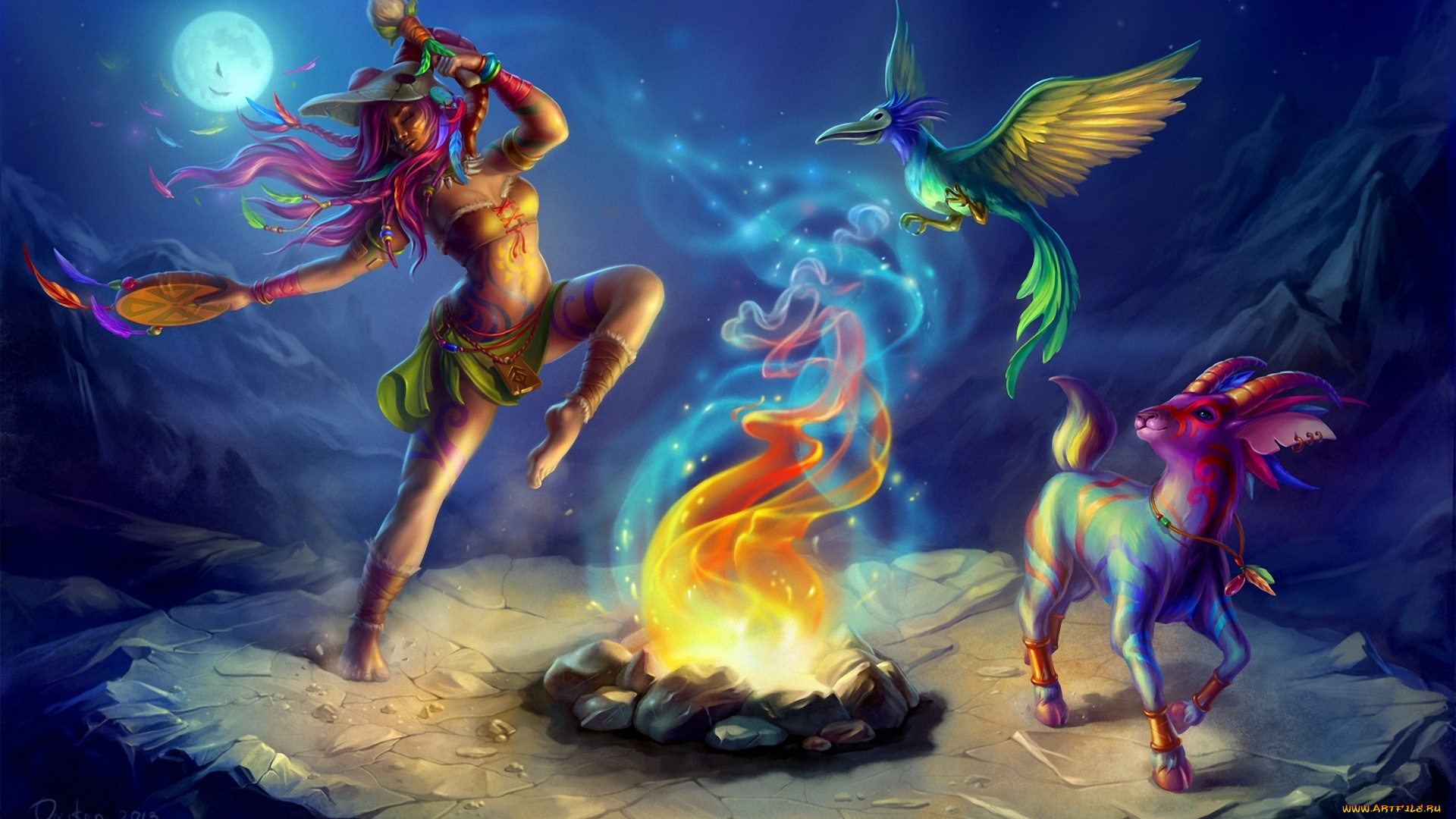 фэнтези, магия, иной, мир, ритуал, танец, девушка, существа, огонь