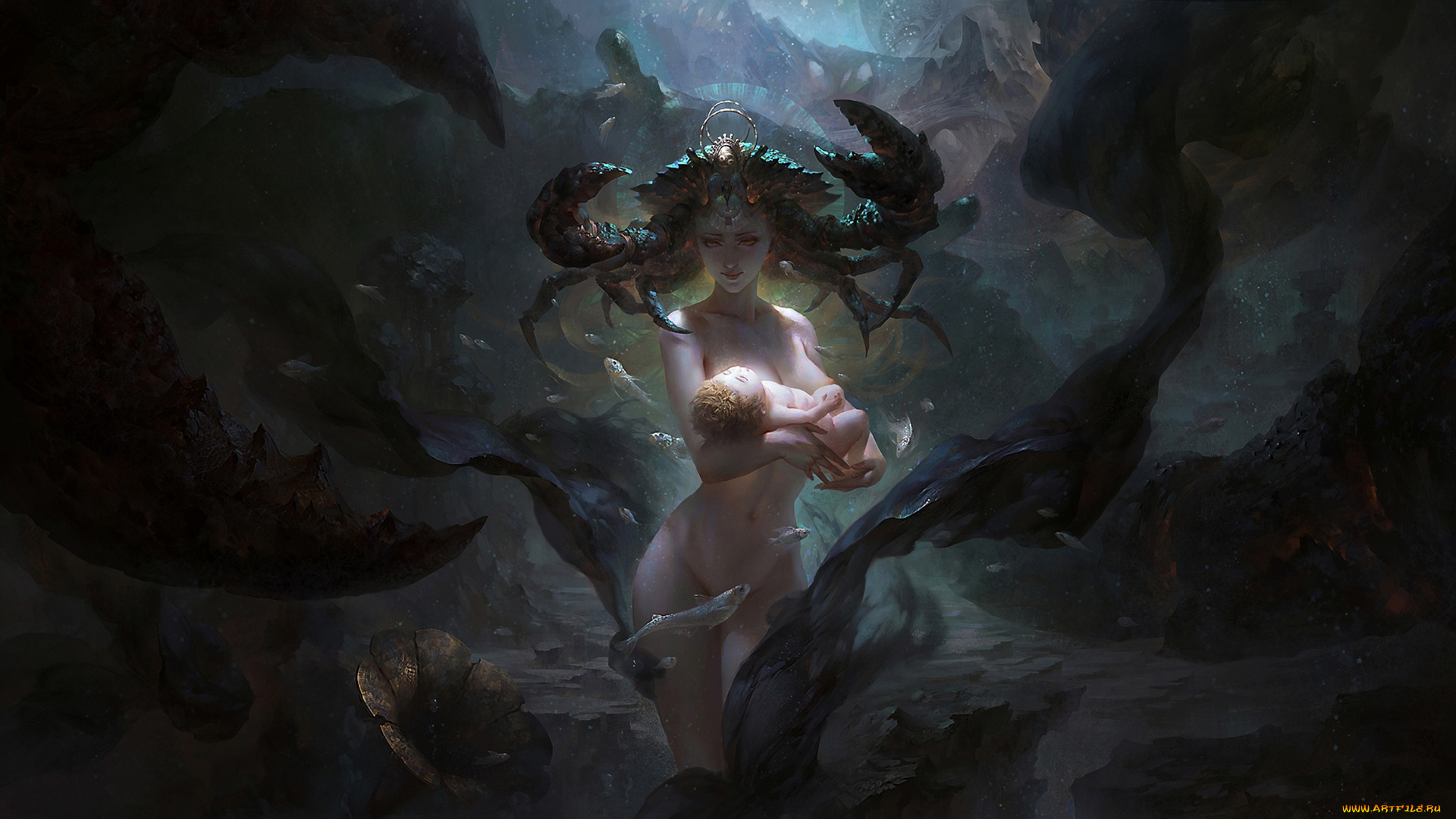 фэнтези, существа, младанец, краб, рыба