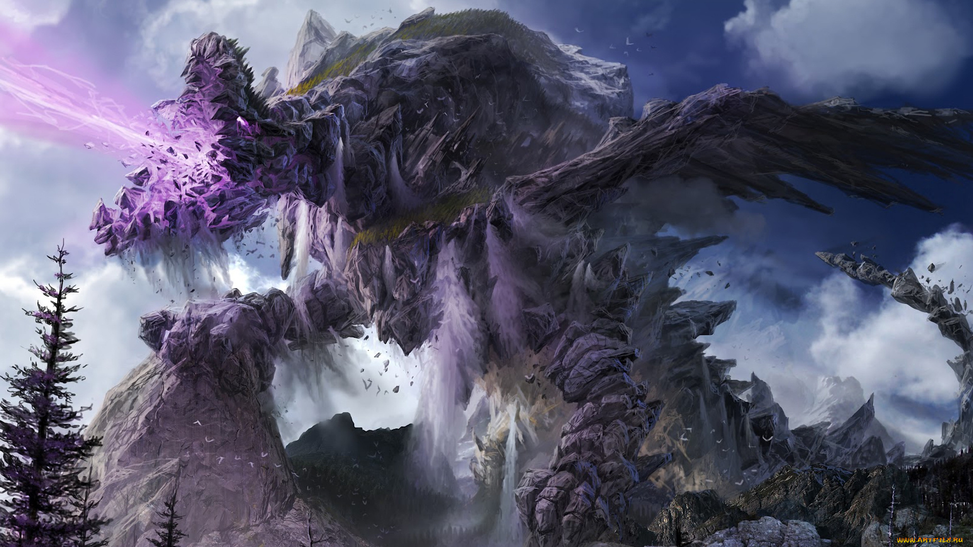 фэнтези, существа, монстр, каменный, гигант, чудовище, горы