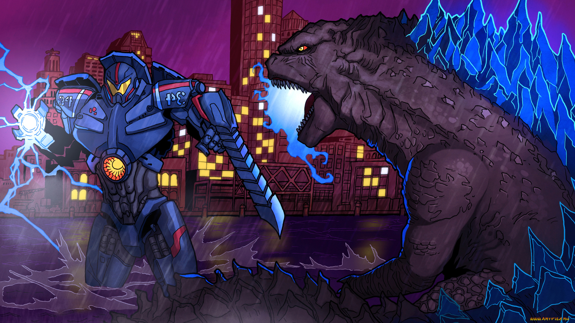 godzilla, vs, gipsy, danger, фэнтези, роботы, , киборги, , механизмы, робот, gipsy, danger, годзилла, pacific, rim, битва, godzilla