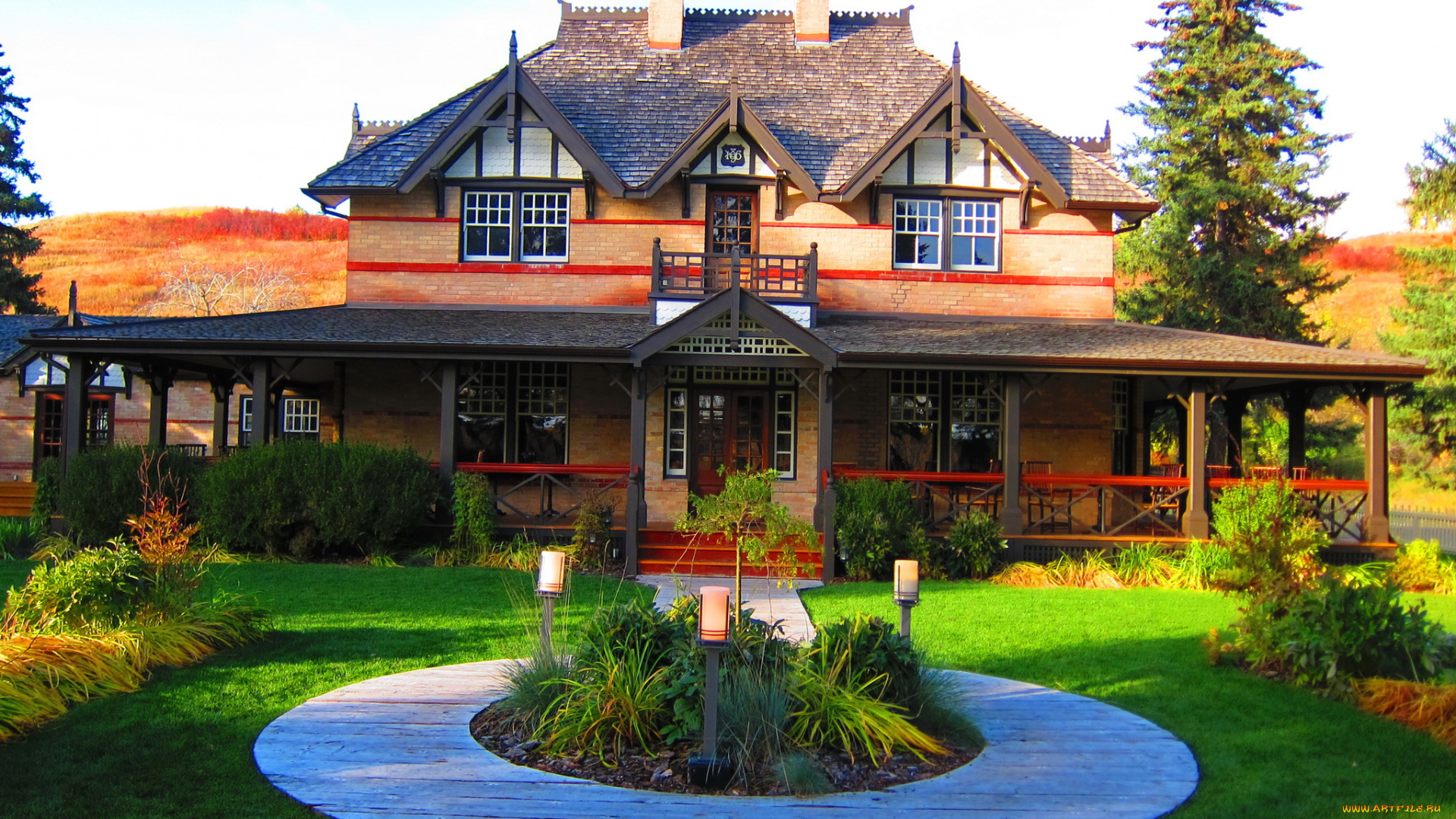 калгари, канада, города, -, здания, , дома, калгари, канада, клумбы, фонтан, дорожки, ландшафт, дом