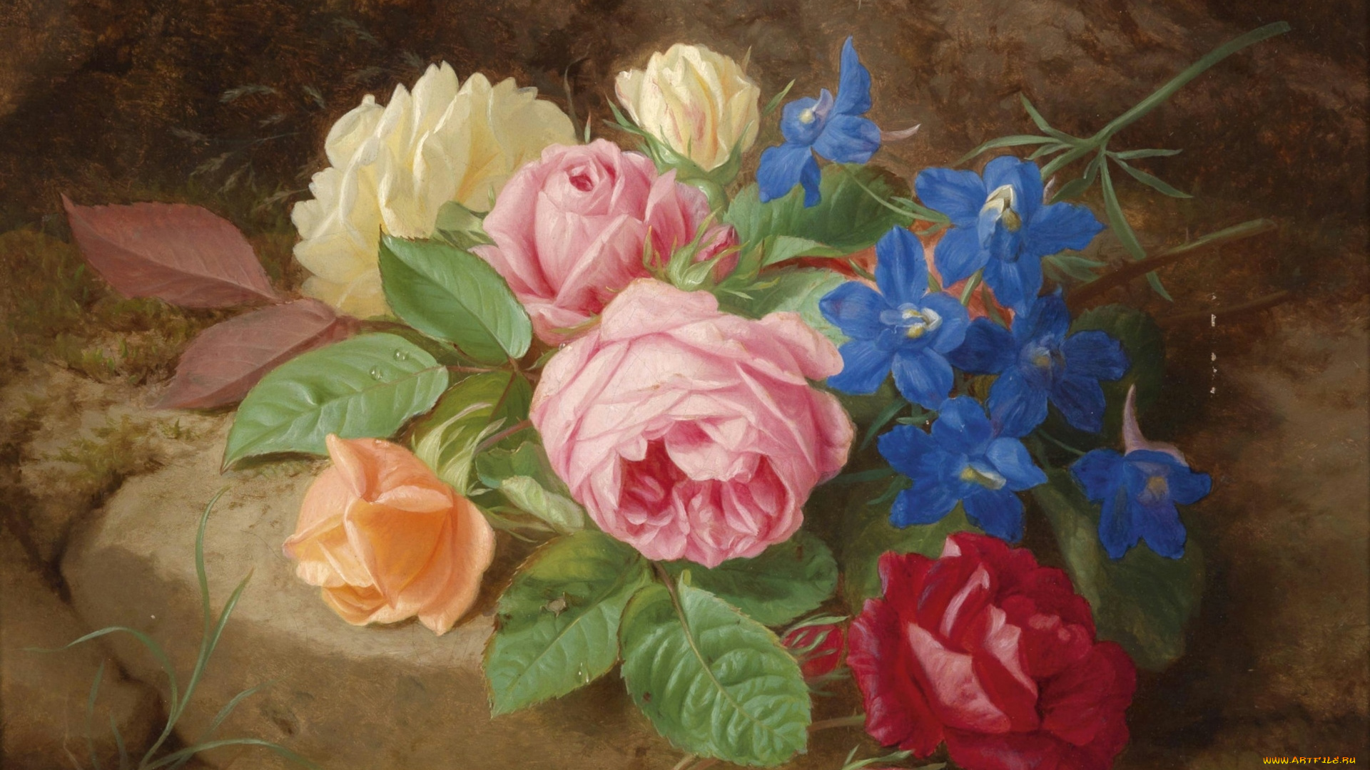 рисованные, цветы, дельфиниум, розы