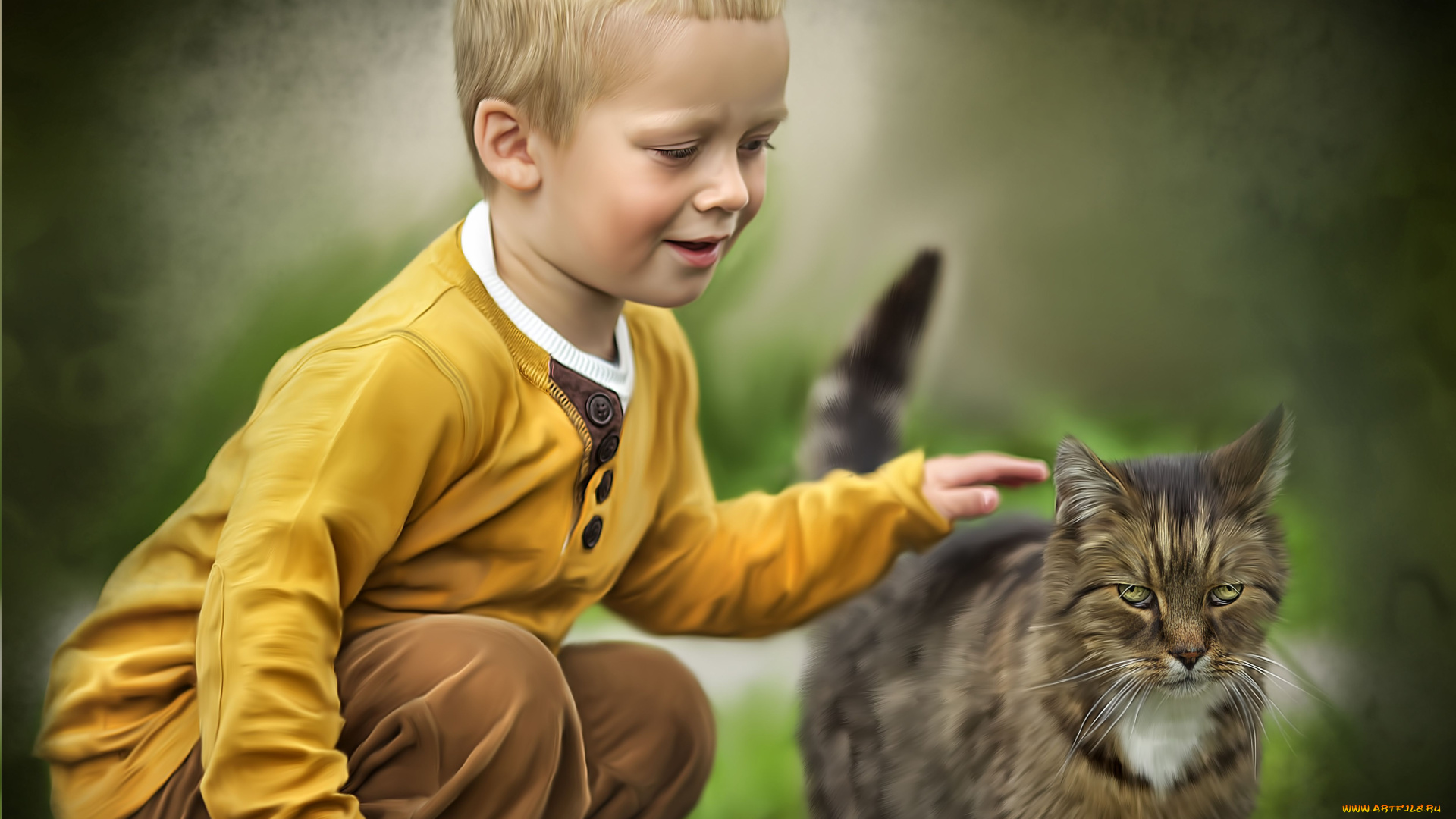 рисованные, дети, мальчик, кот, текстура
