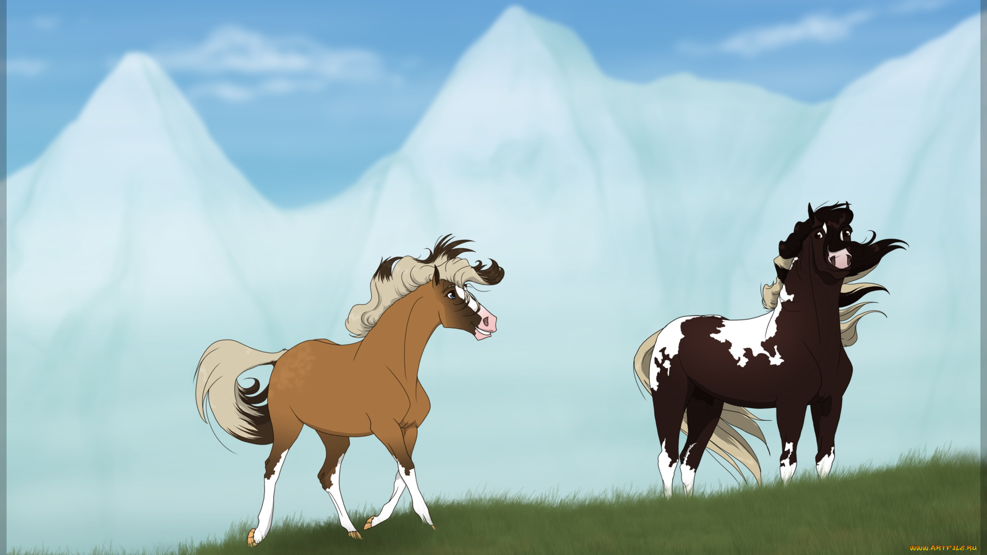 рисованные, животные, , лошади, горы, луг, лошади