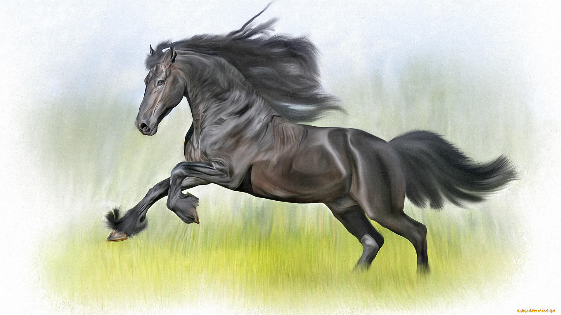 рисованные, животные, , лошади, лошадь, трава, фон