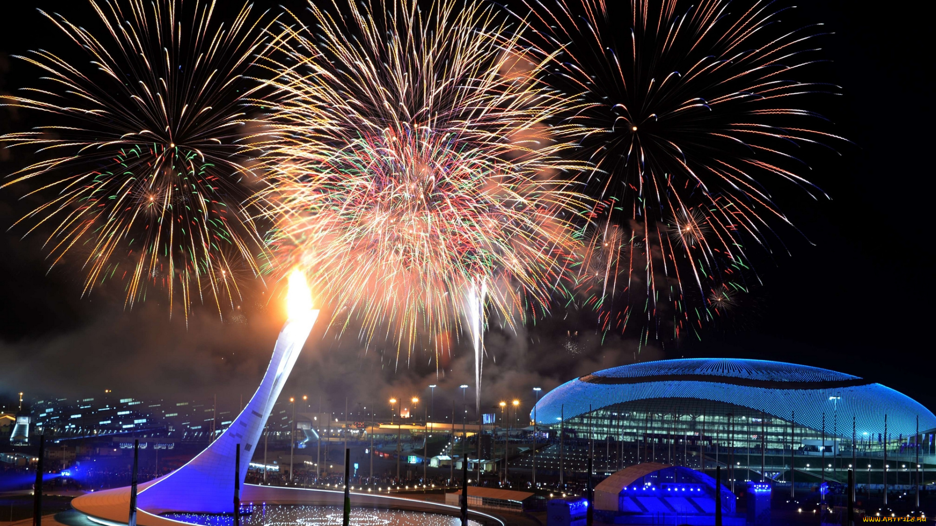 сочи, города, -, огни, ночного, города, олимпийский, огонь, олимпиада, зрелище, фейерверк, шоу