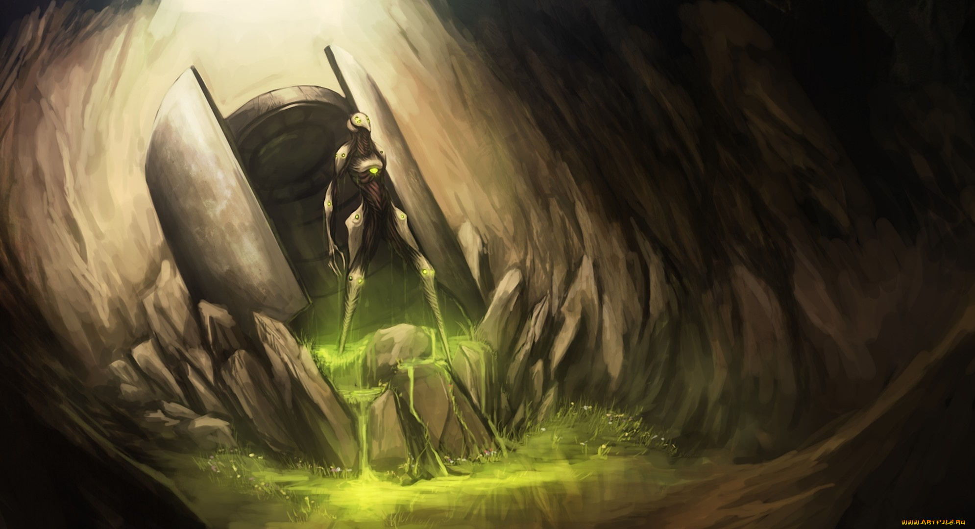фэнтези, существа, существо, капсула, трава, пещера