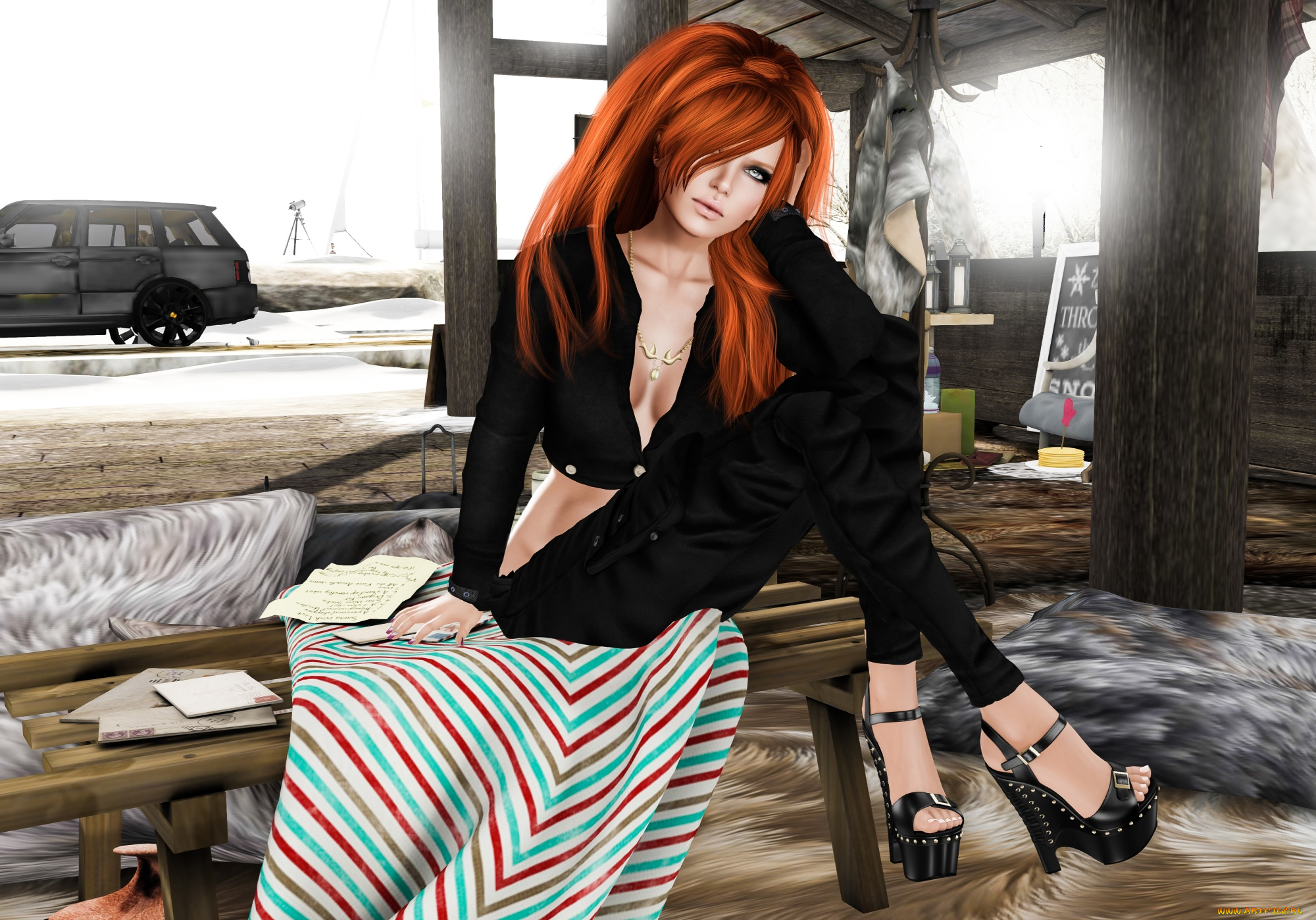 3д, графика, people, , люди, поза, машина, девушка