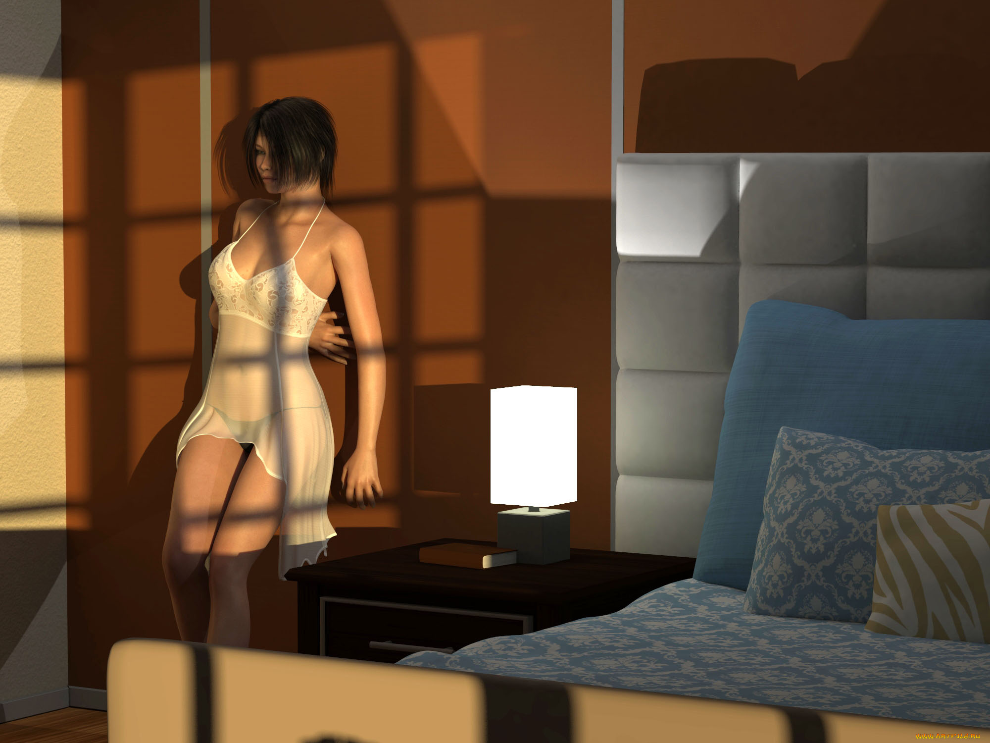 3д, графика, people, , люди, подушки, кровать, светильник