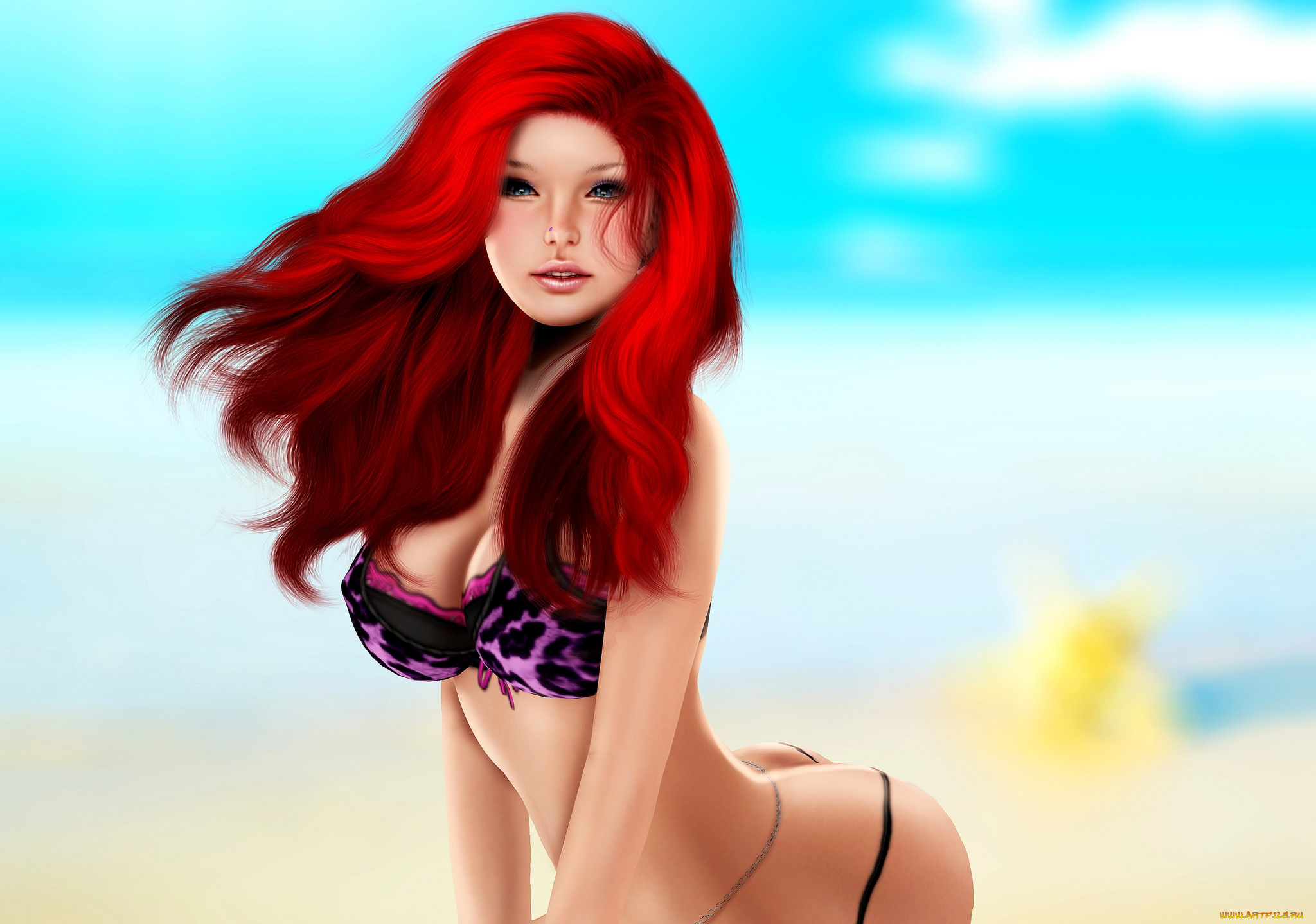 3д, графика, people, , люди, море, волосы