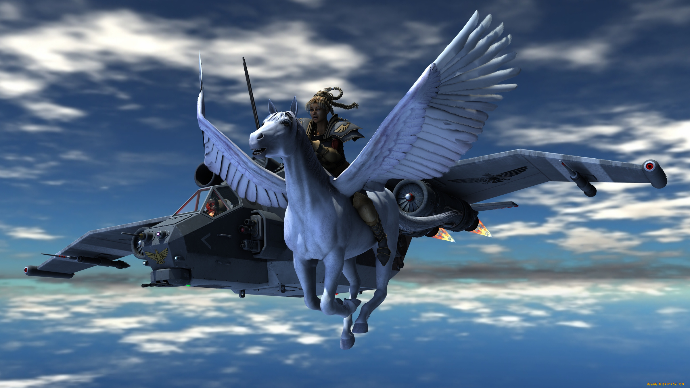 3д, графика, fantasy, , фантазия, пегас, самолет, девушка