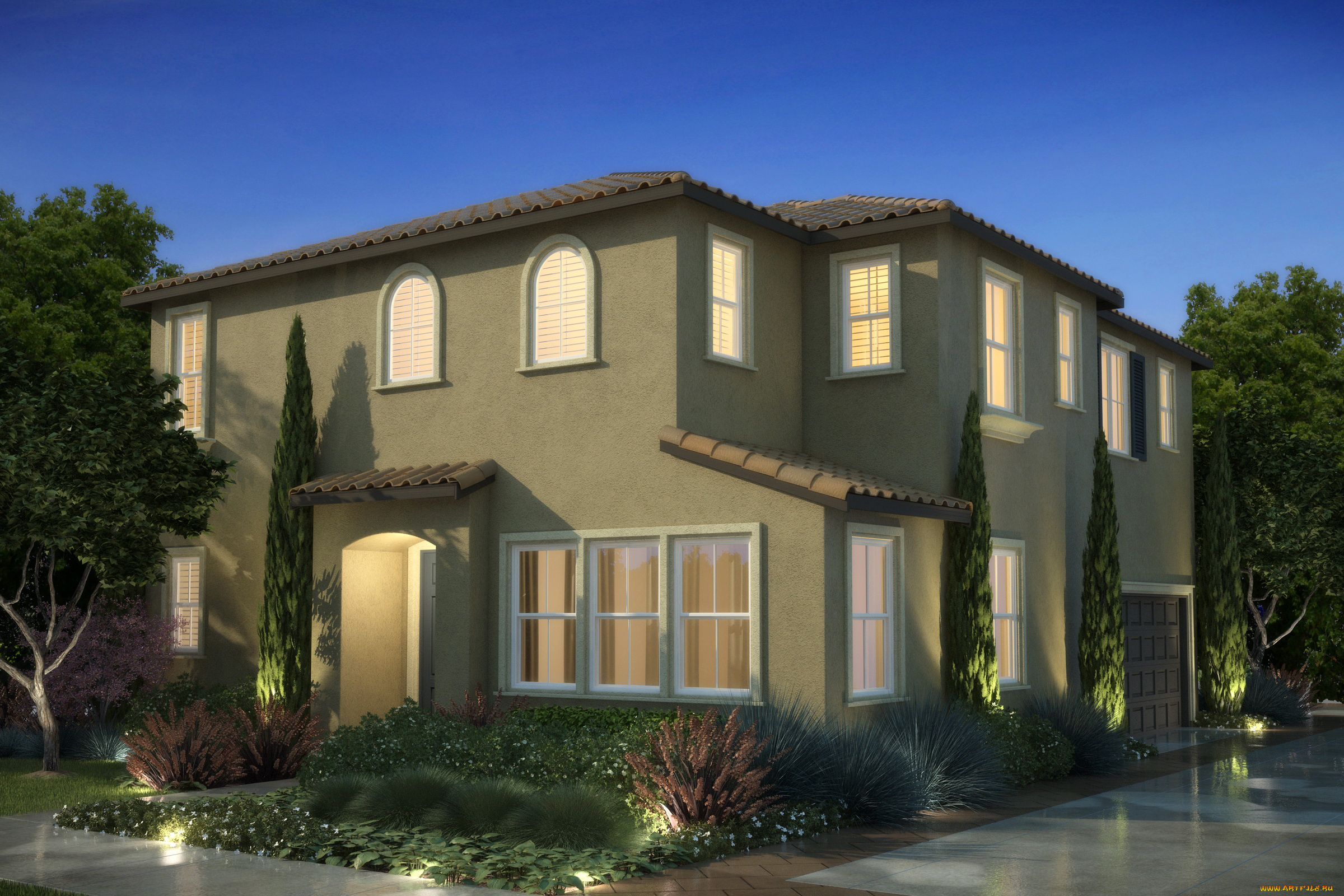 3д, графика, architecture, , архитектура, клумбы, ландшафт, дом, ночь, огни