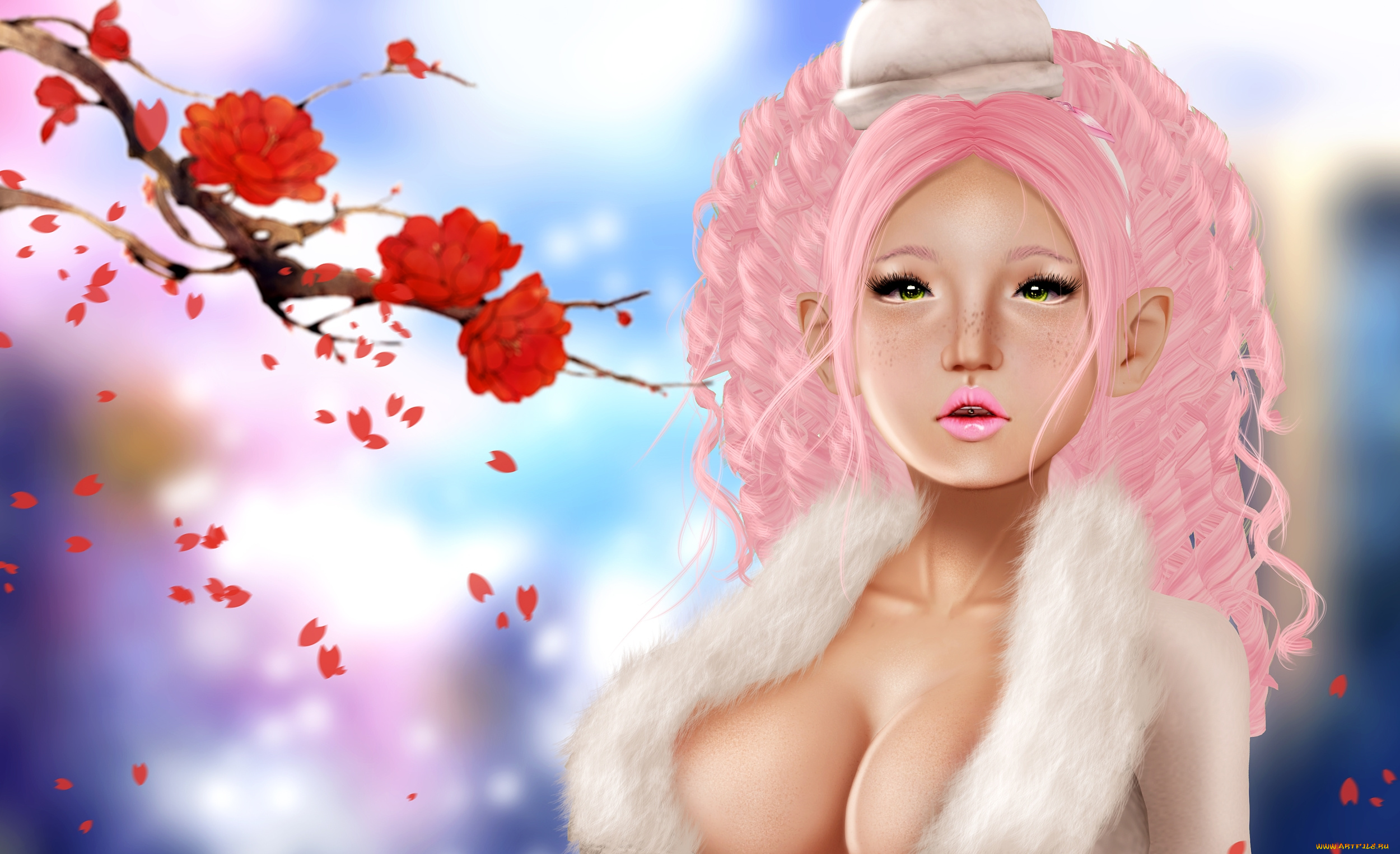 3д, графика, people, , люди, цветы, ветка, девушка