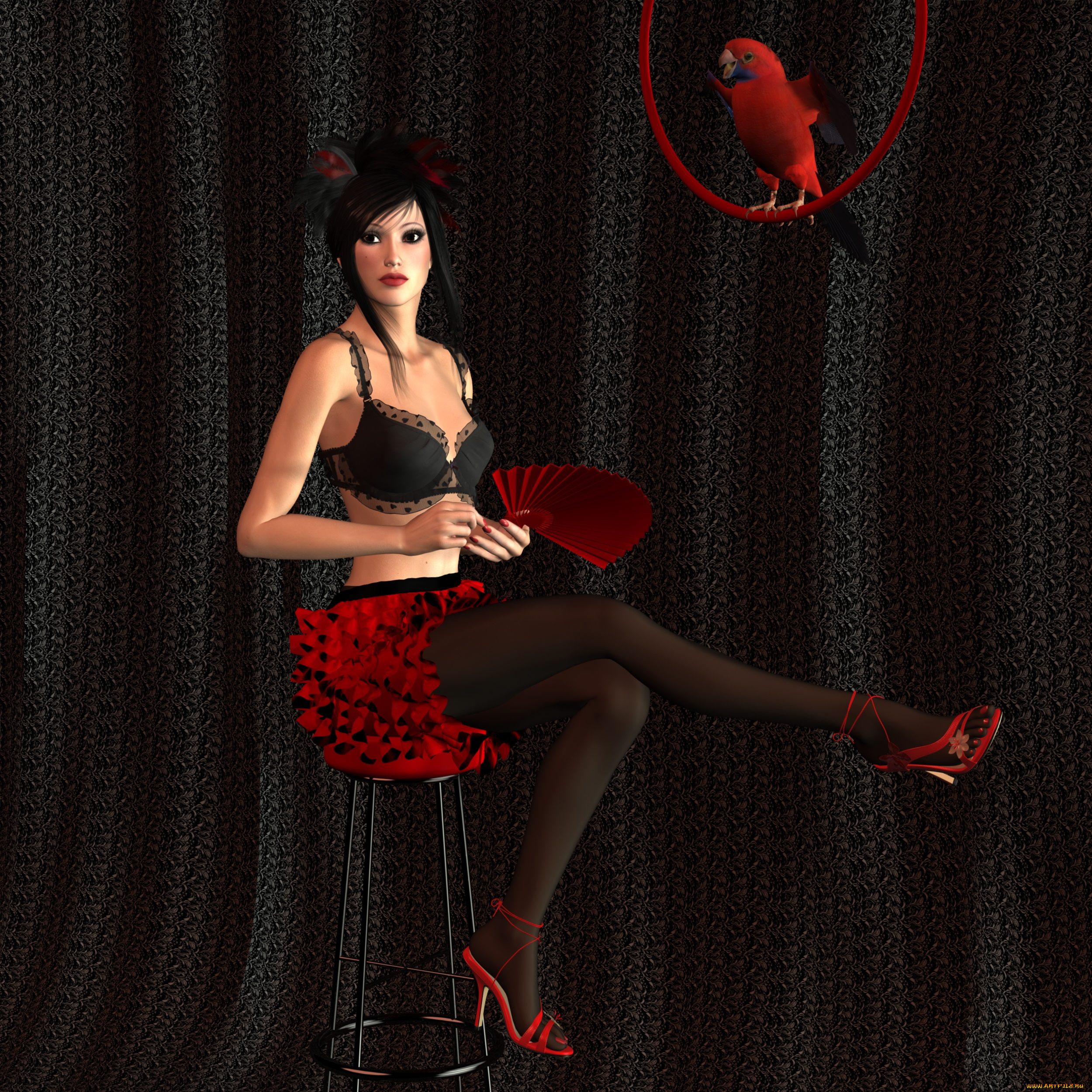 3д, графика, people, , люди, девушка, веер, попугай