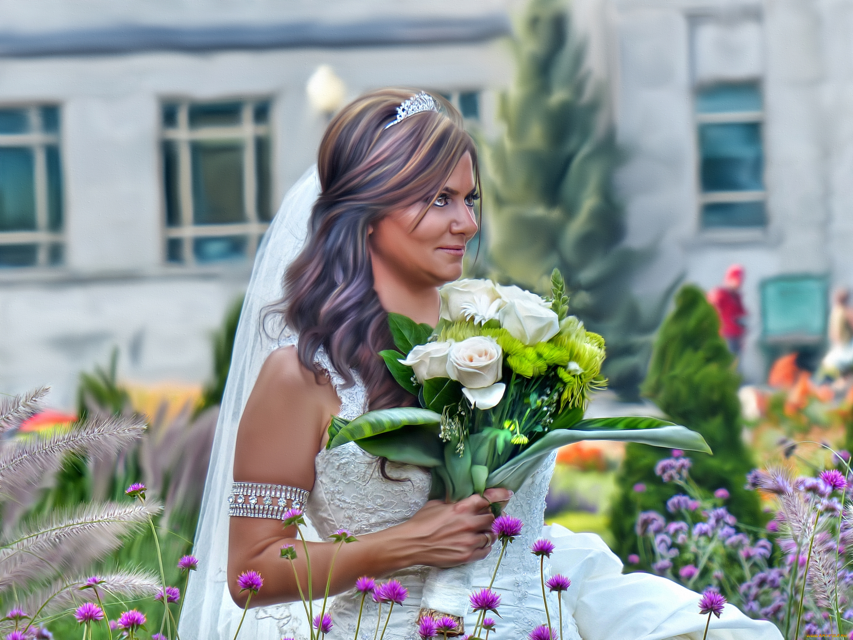 рисованные, люди, букет, невеста