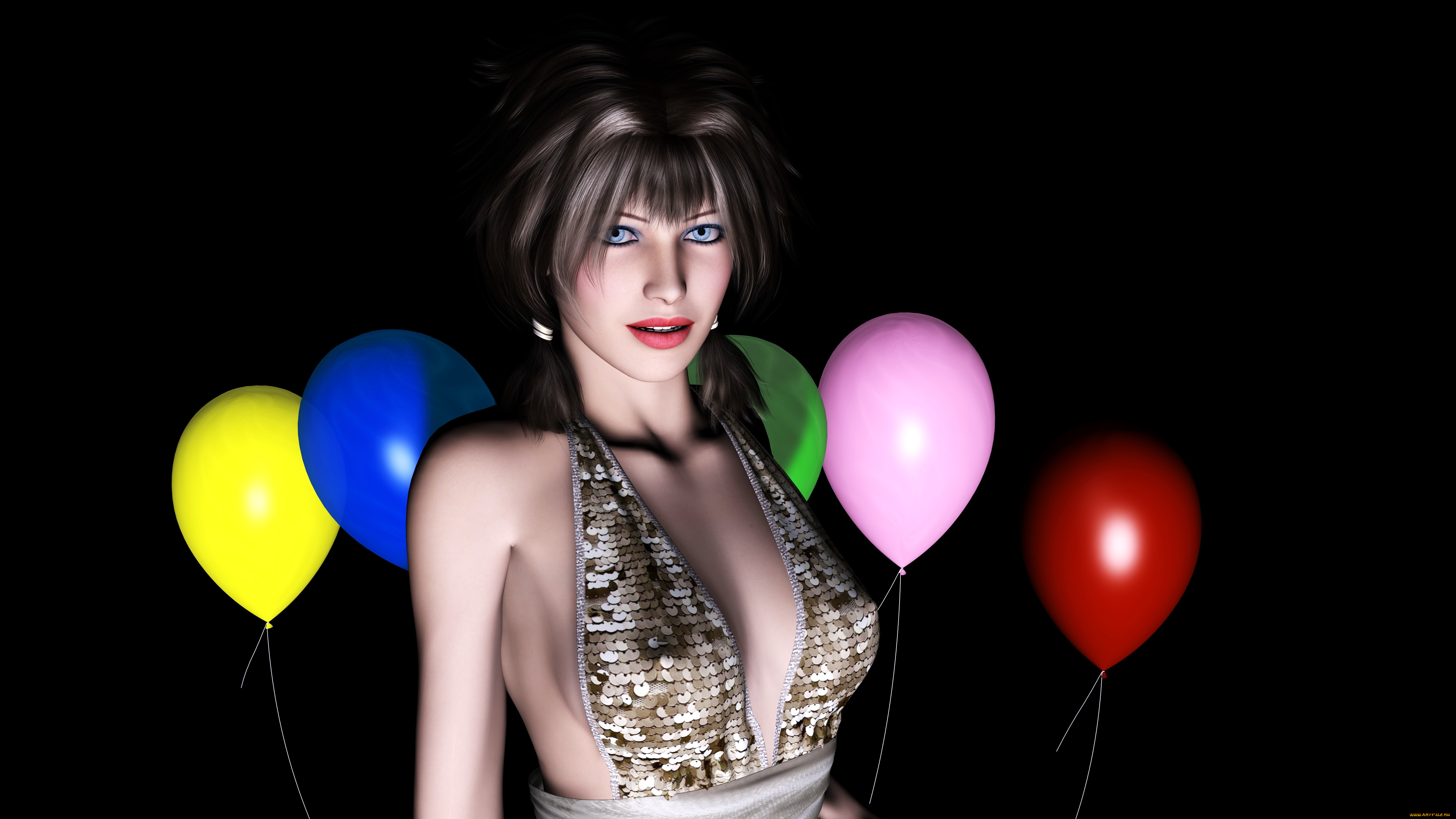 3д, графика, people, , люди, фон, шары, взгляд, девушка