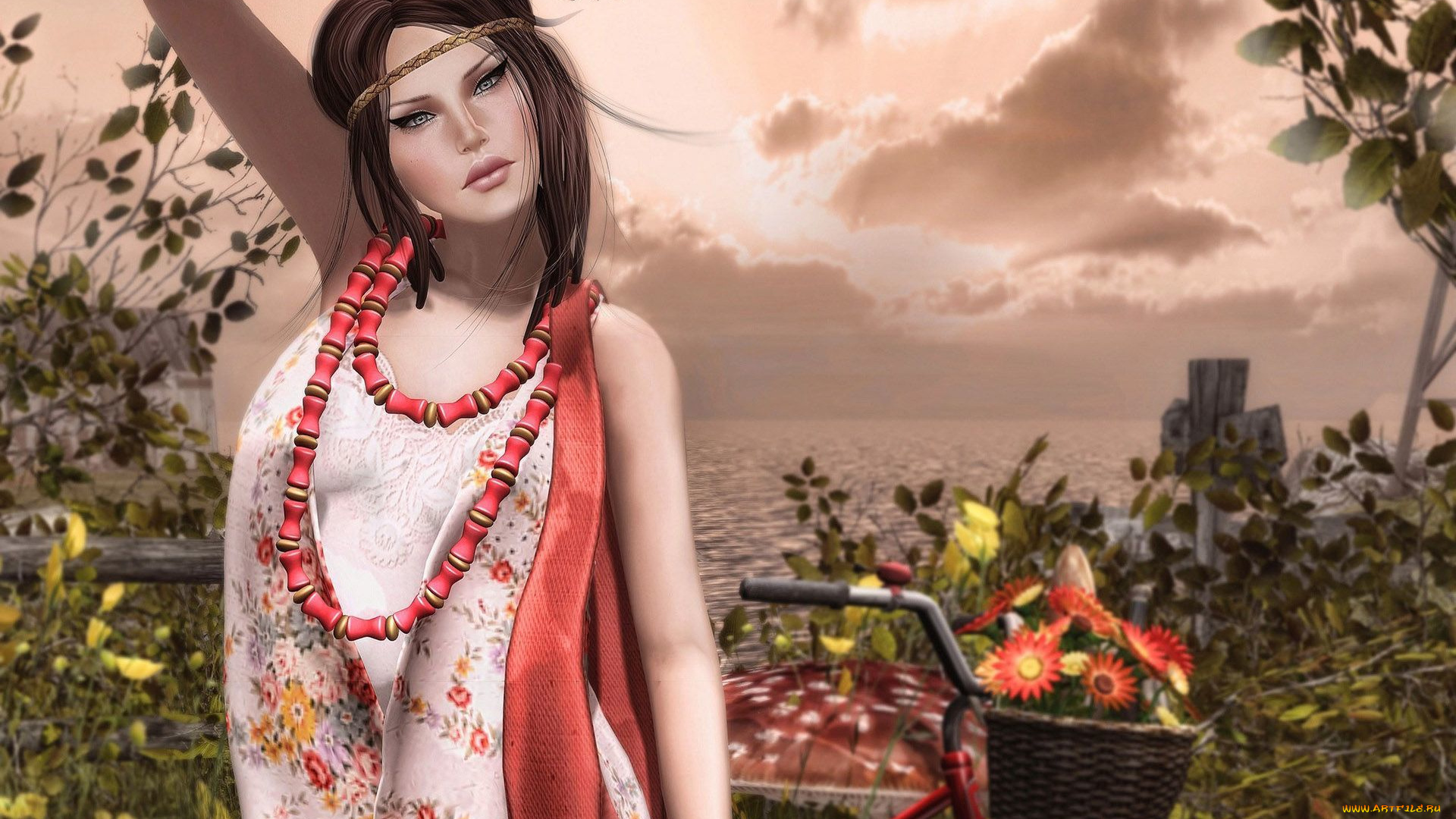 3д, графика, люди, , people, бусы, фон, взгляд, девушка