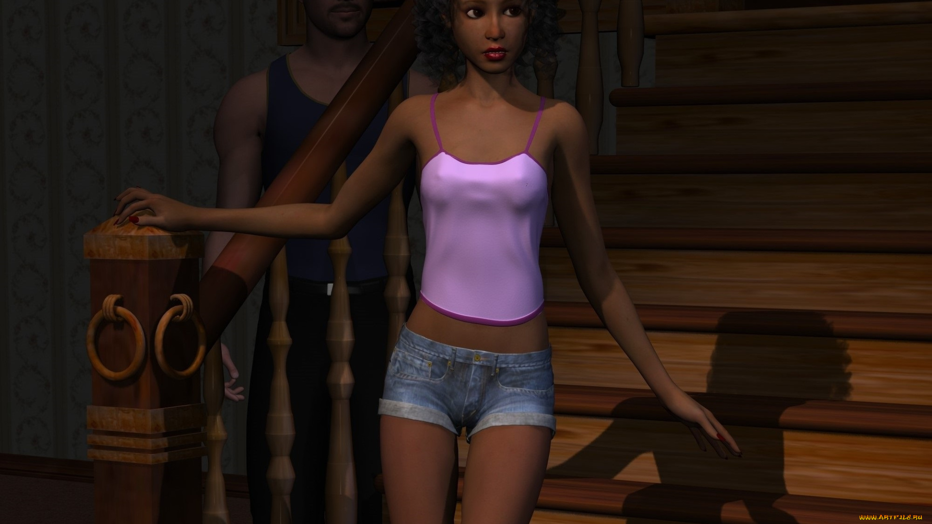 3д, графика, люди, , people, взгляд, девушка, лестница, фон