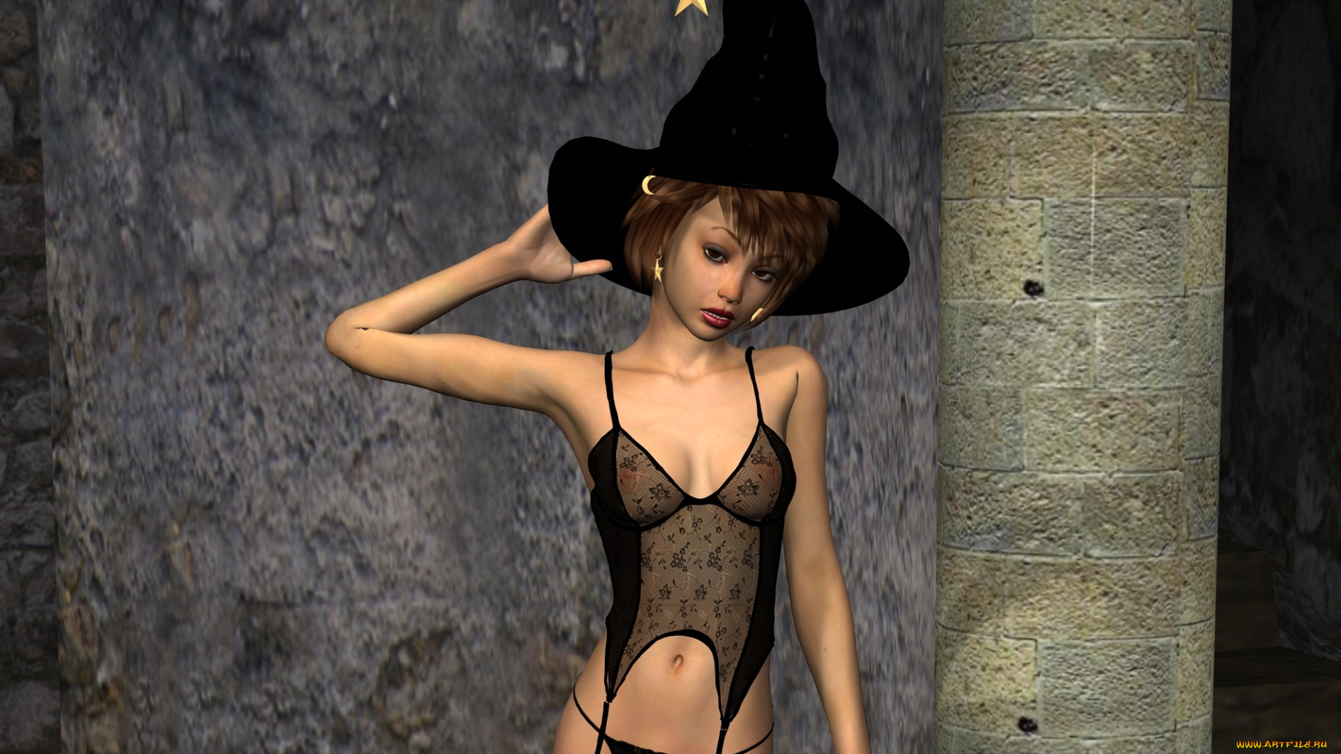 3д, графика, праздники, , holidays, halloween, шляпа, фон, взгляд, девушка