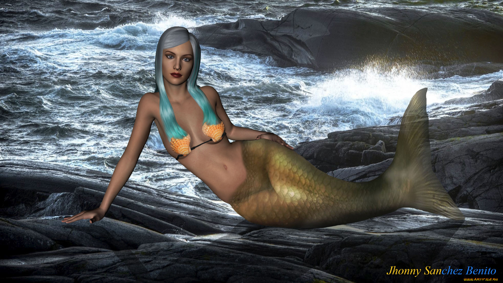 3д, графика, существа, , creatures, русалка, море, ракушки, взгляд