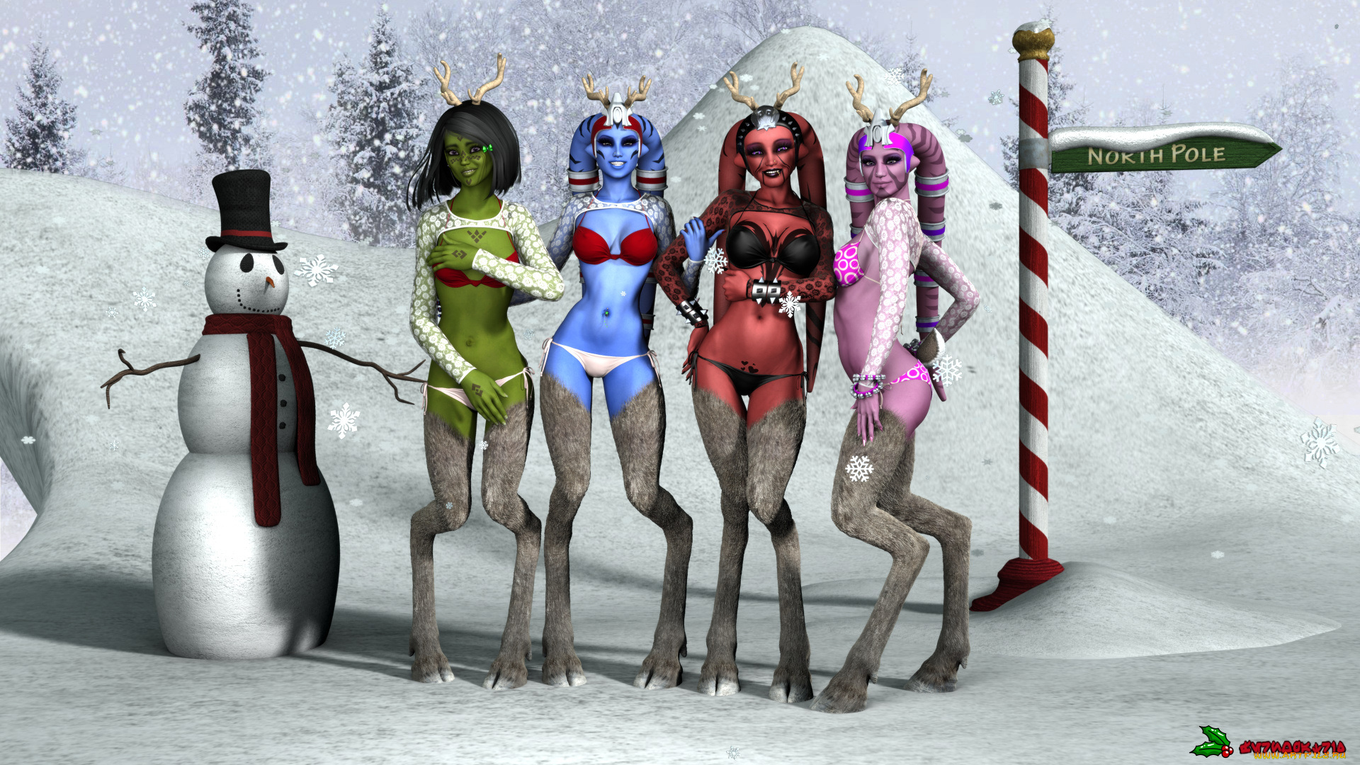 3д, графика, существа, , creatures, знак, деревья, снег, снеговик, копыта, фон, взгляд, халки